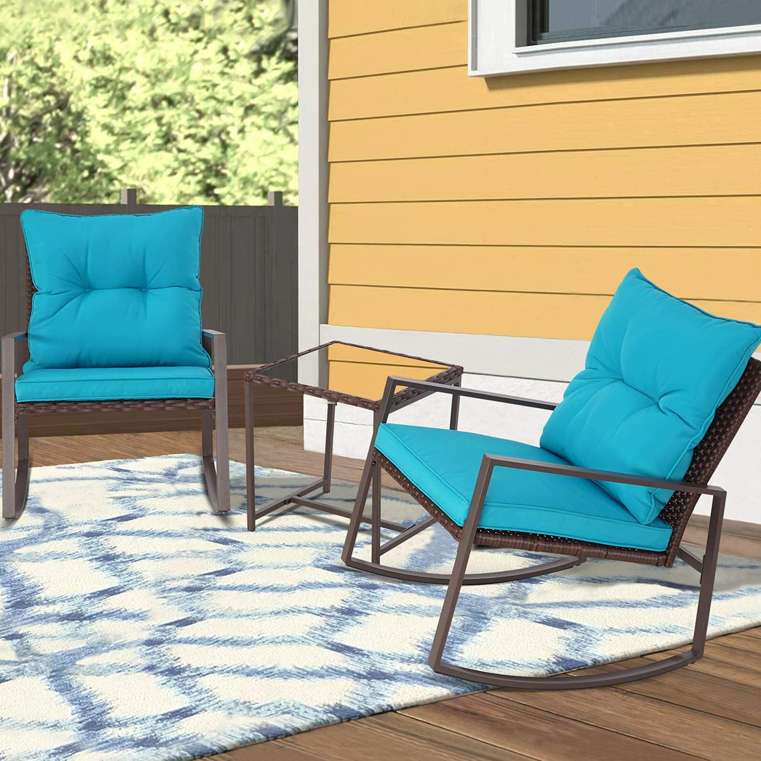 **SUNCROWN 3-Piece Patio Bistro Set - Brown Wicker Outdoor Rocking Chairs with Glass Coffee Table & Light Blue Cushions - Perfect for Porch, Garden, or Backyard Relaxation**