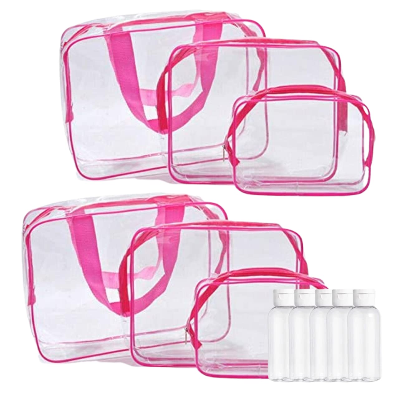 **GLAMZA® 6-Piece Clear Travel Toiletry Bag Set - Small, Medium & Large PVC Cosmetic Organizers for Men & Women | Includes 5x 50ml Travel Bottles | Perfect for Makeup, Toiletries & Airplane Carry-On (Pink)**