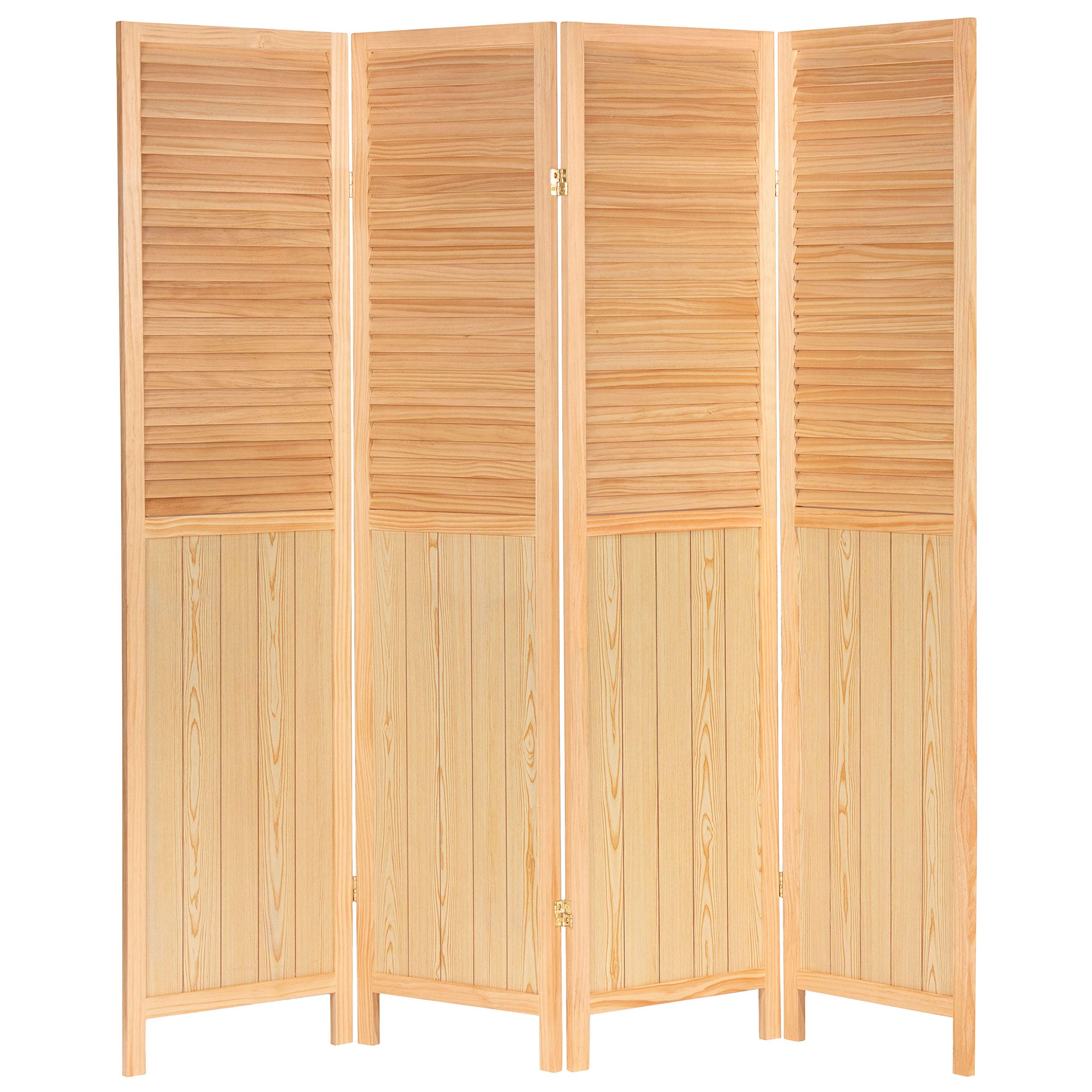 6 ft. Tall Red Lantern Louvered Beadboard Room Divider - Natural Wood 4 Panel Folding Screen for Home, Office, and Event Space Decoration