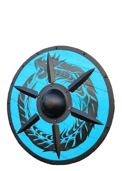 Handmade Wooden Viking Shield with Dragon Face & Ouroboros Design - Authentic Battleworn Norse Shield for LARP, Cosplay, Home Decor & Viking Reenactments