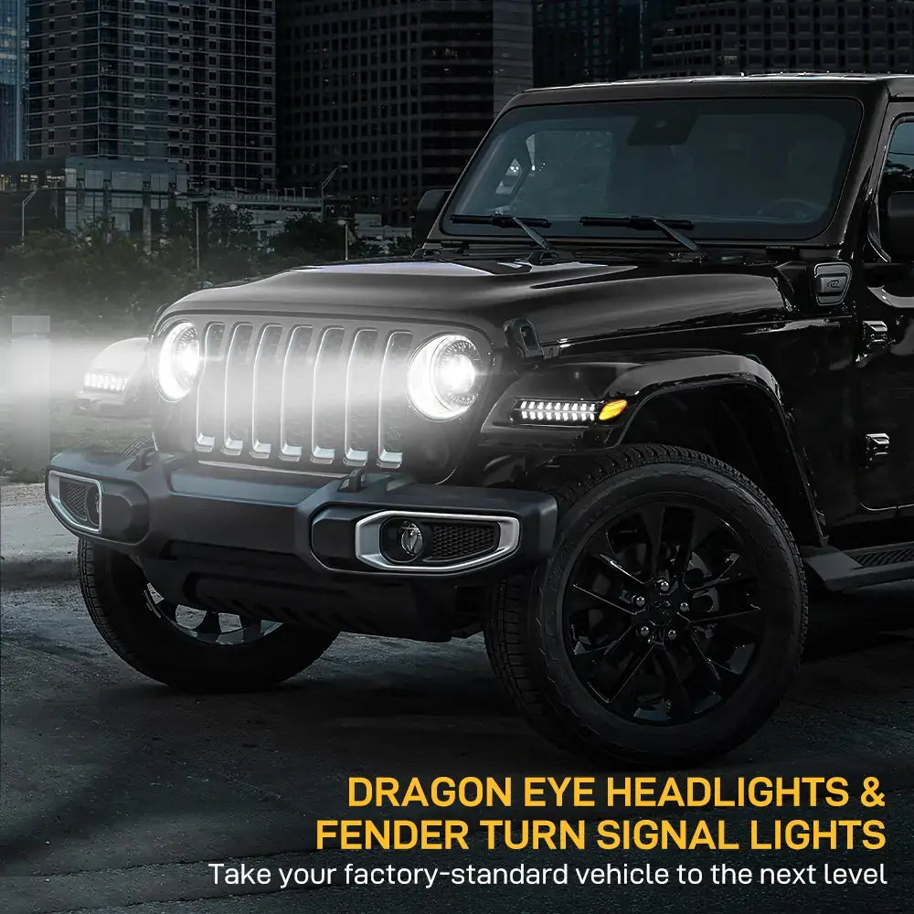 7'' LED Headlights & 9'' Bracket Ring with Fender Turn Signal Lights - Compatible with 2018-2023 Jeep Wrangler JL & Gladiator JT - Off-Road Adventure & Night Driving Upgrade
