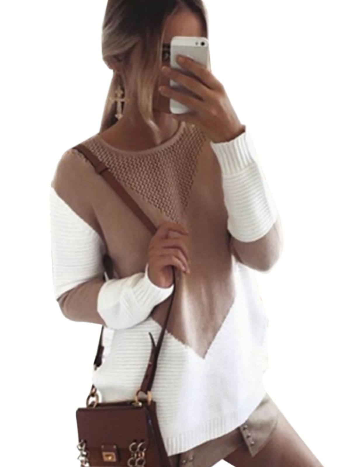 Shermie Women's Colorblock Knitted Sweater - Long Sleeve Crew Neck Loose Casual Pullover Top for Fall & Winter | Cozy Office Wear, Weekend Outfits, Layering Essential
