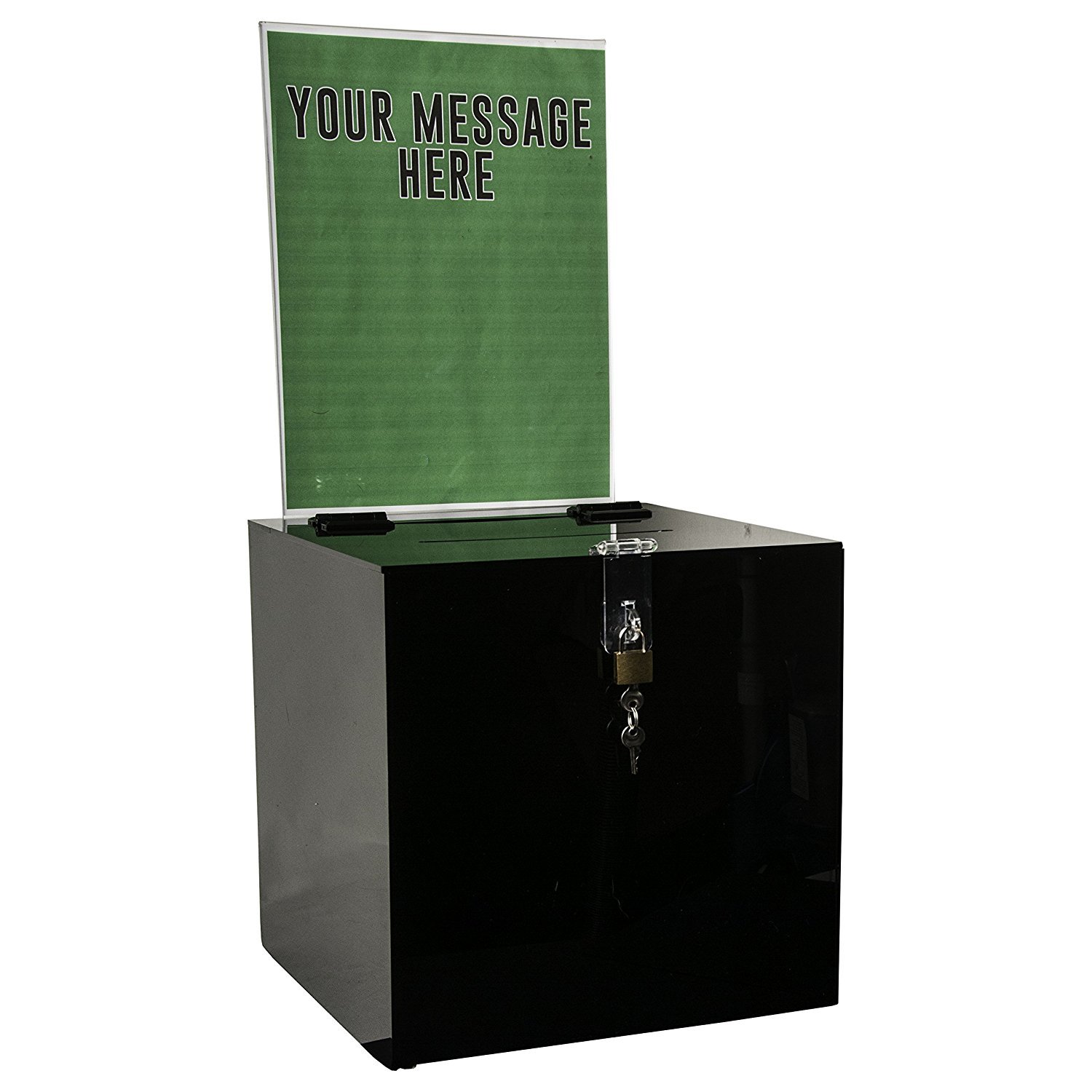 Acrylic Donation Box with Lock - Clear Plastic Ballot, Raffle, Suggestion & Complaint Box - Removable Sign Holder & Secure Slot - 10x10 Black Plexiglass Multipurpose Container for Events, Voting & Fundraising