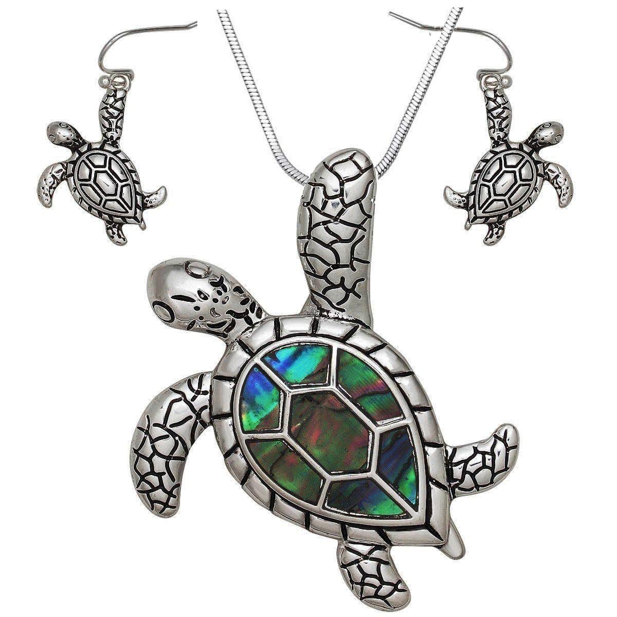 DianaL Boutique Gorgeous Sea Turtle Necklace and Earrings Set with Abalone Shell Accent - Perfect for Beach Weddings, Summer Vacations & Boho Fashion