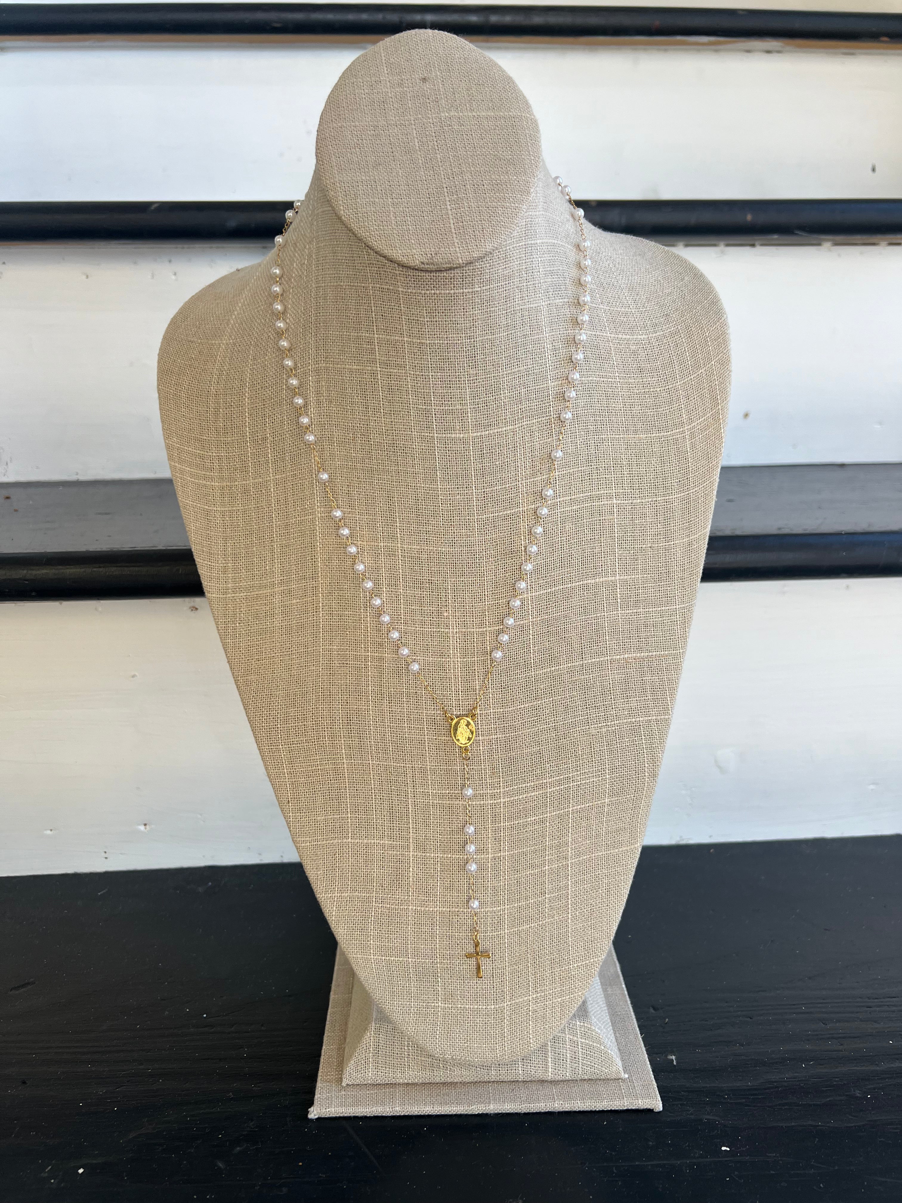 Elegant Pearl Rosary Cross Necklace for Women - Religious Jewelry Gift for Baptism, First Communion & Weddings
