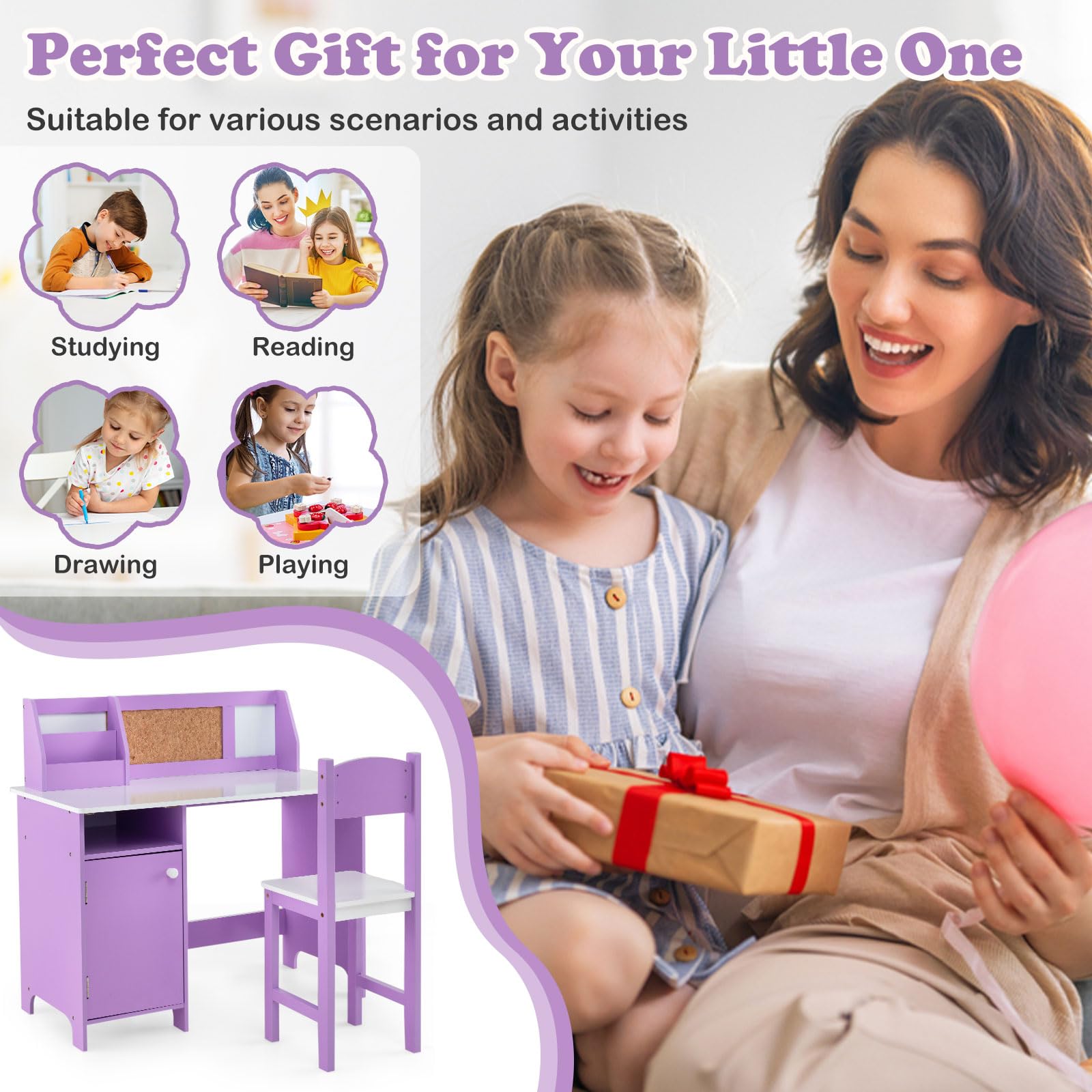 HONEY JOY Kids Desk and Chair Set - Wooden Study Table with Whiteboard, Hutch & Storage Shelves | Ergonomic Student Writing Desk & Computer Workstation for Bedroom | Perfect for Homeschooling, Online Learning & Arts & Crafts (Ages 3+, Purple)