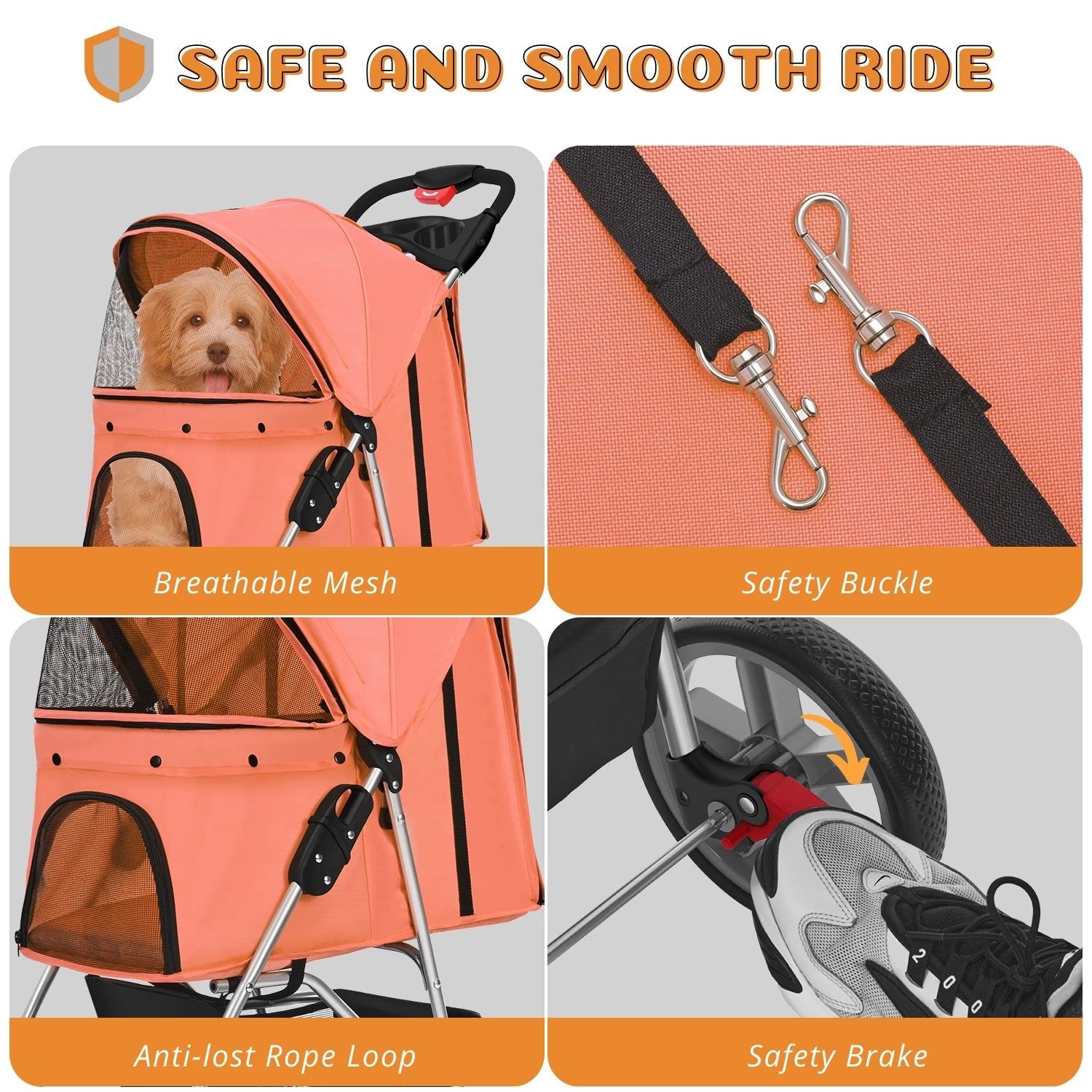 **Flexzion 4-Wheel Folding Pet Stroller for Dogs & Cats - Lightweight Travel Carrier with Rain Cover, Cup Holder & Mesh Window - Ideal for Jogging, Walking & Outdoor Adventures (Orange, Up to 30 lbs)**