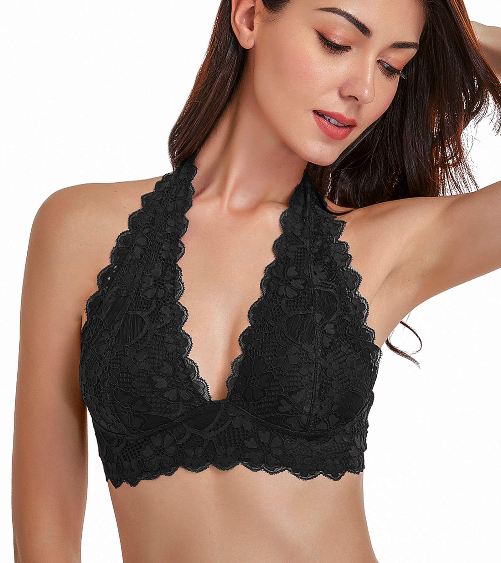 DotVol Women's Floral Lace Halter Bralette - V Neck Wirefree Unpadded Bustier Top for Summer, Beach, and Casual Wear