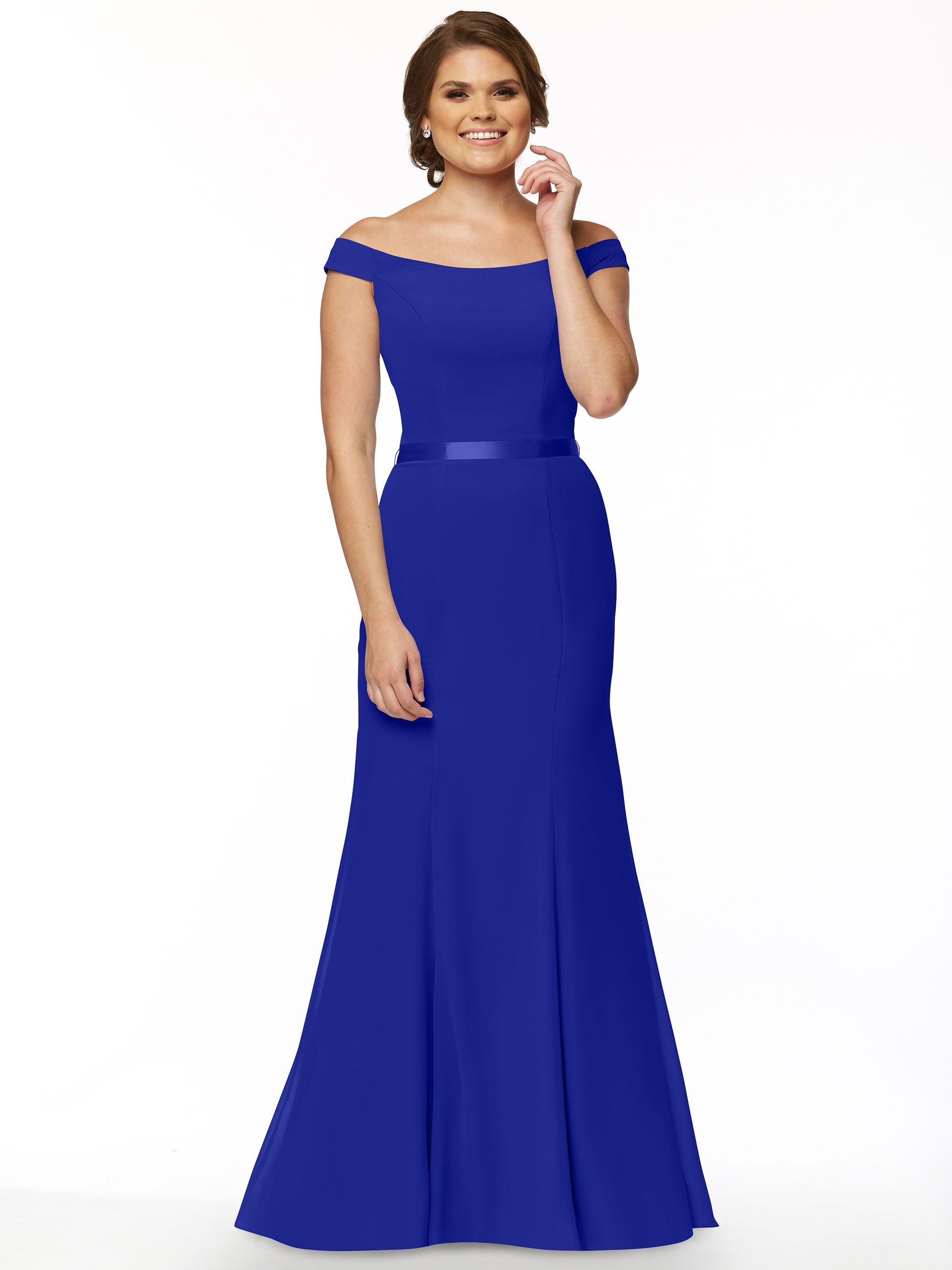 Elegant Off-The-Shoulder Chiffon Bridesmaid Dress with Ribbon Belt - A-Line Fit & Flare Design for Weddings, Parties & Special Occasions