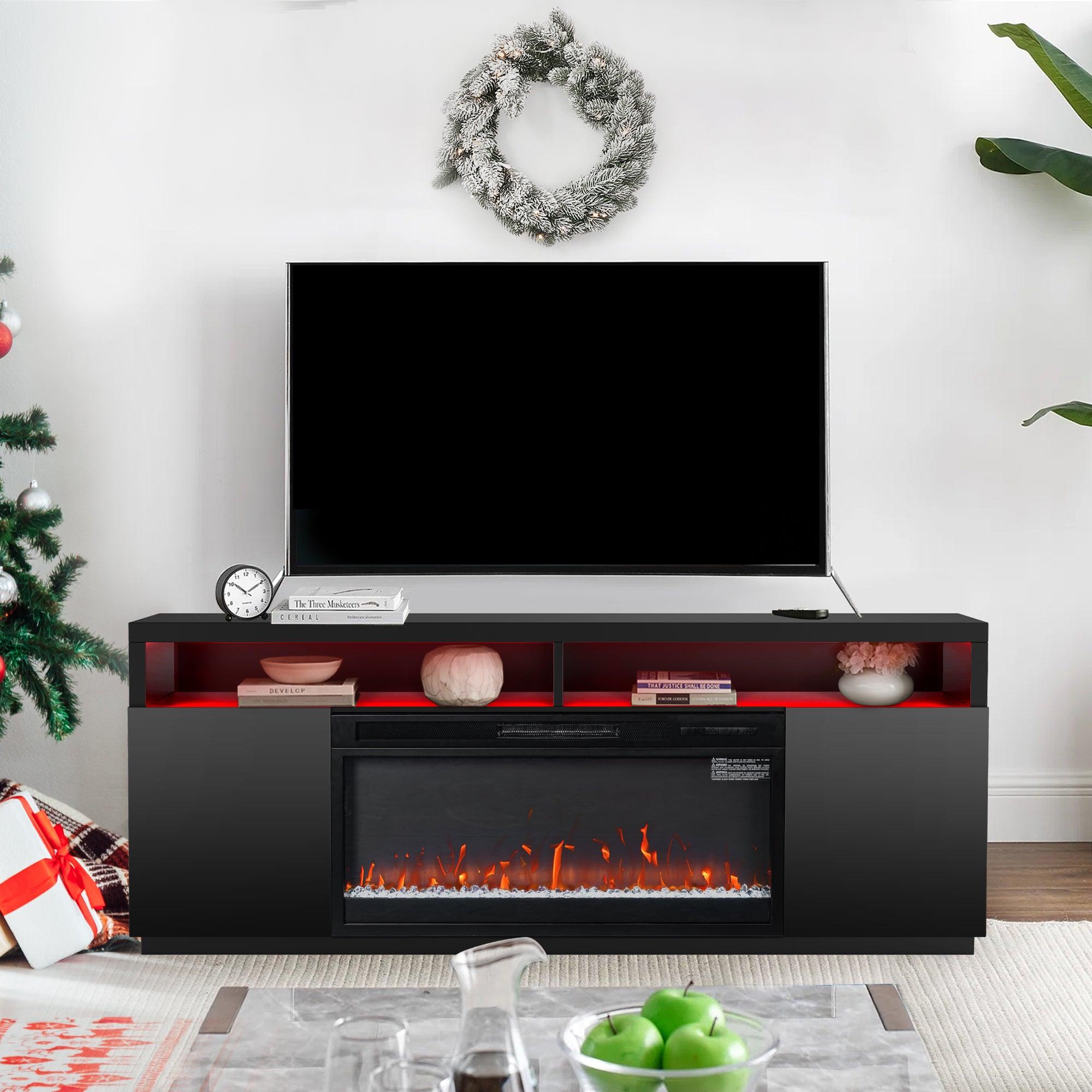 Modern 68-Inch LED TV Stand with 36-Inch Insert Opening & Electric Fireplace - Black or White - Perfect for Living Room Home Theater & Cozy Winter Nights