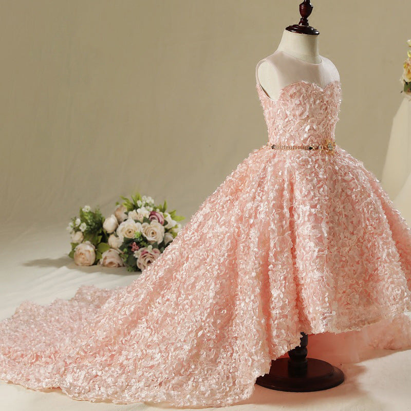 Elegant Pink A-Line Floor Length Lace Flower Girl Dress for Weddings, Baptisms & Special Occasions