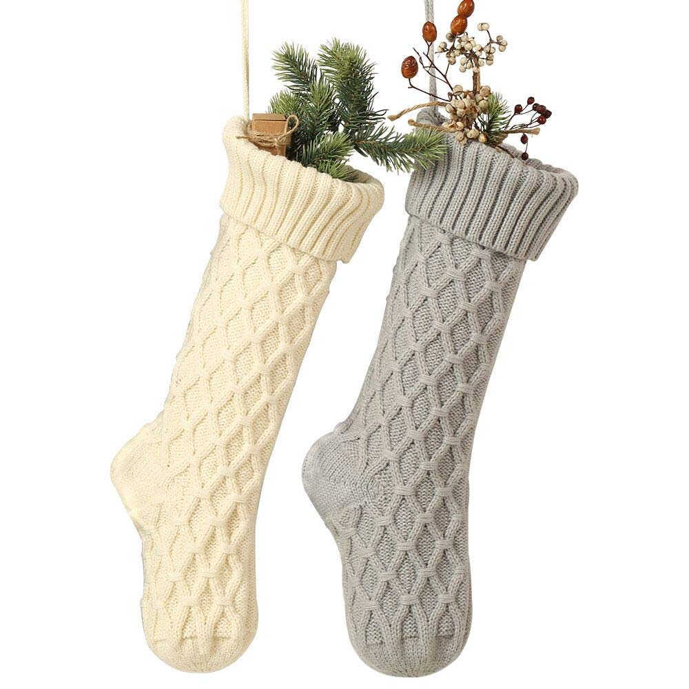 Premium Cable Knit Christmas Stockings Set of 2 - 18 Inch Classic Solid White & Gray Holiday Decor - Perfect for Fireplace Mantel, Gift Filling & Festive Home Decor