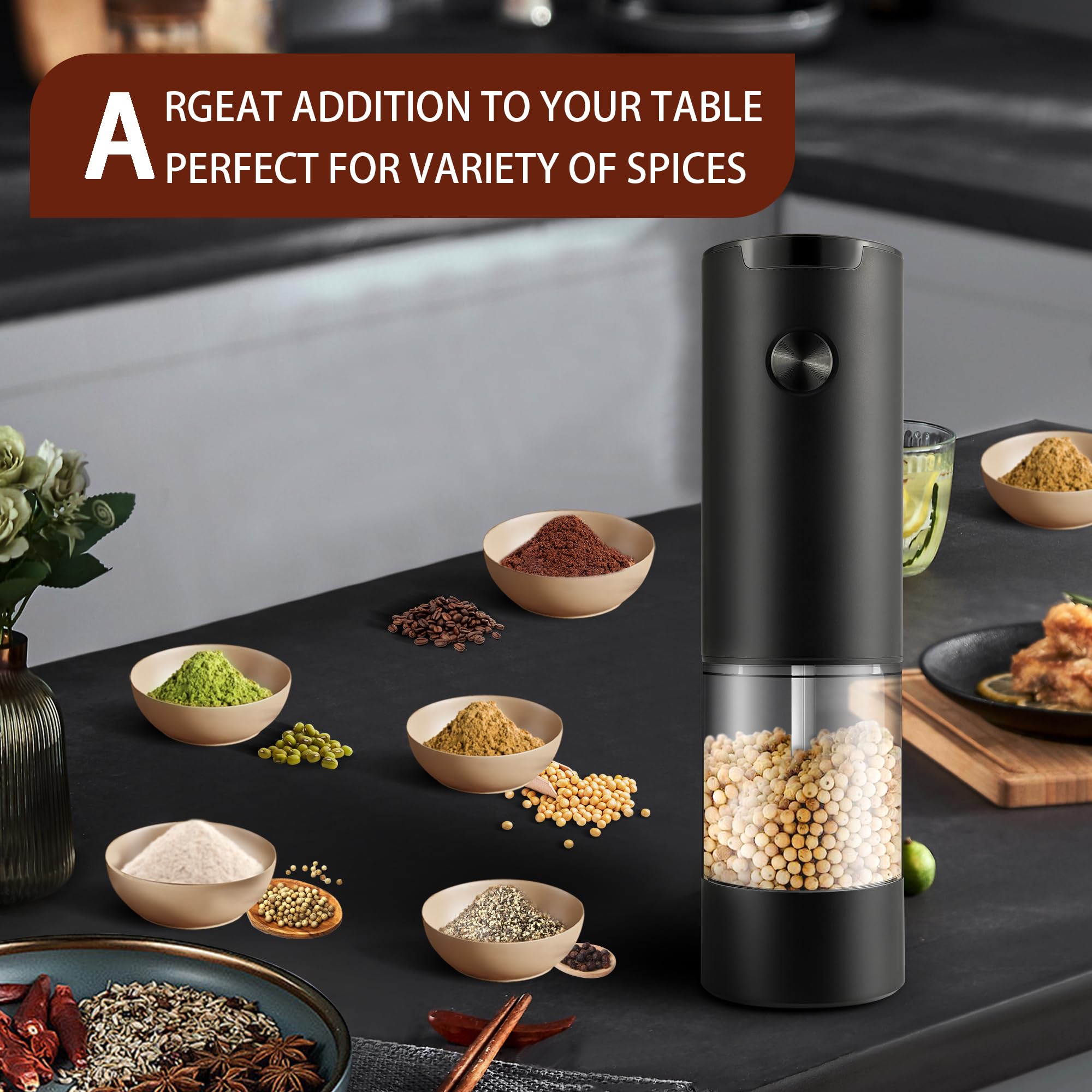 Electric Salt and Pepper Grinder Set - Automatic Adjustable Coarseness Mill with LED Light - One-Hand Operation Kitchen Tool - Includes 2 Pack Refillable Shakers - Perfect for Cooking, Baking, BBQ & Dining Table Seasoning