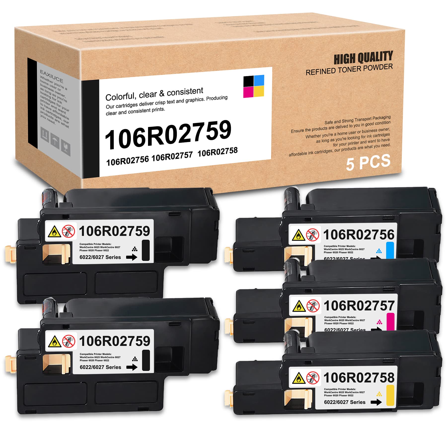 EAXIUCE 5-Pack Compatible 6027 Toner Cartridge Set (2BK/1C/1M/1Y) - Replacement for Xerox Phaser 6020 6022 & WorkCentre 6025 6027 Printers | High-Quality Printer Ink Supplies for Office & Home Printing Needs
