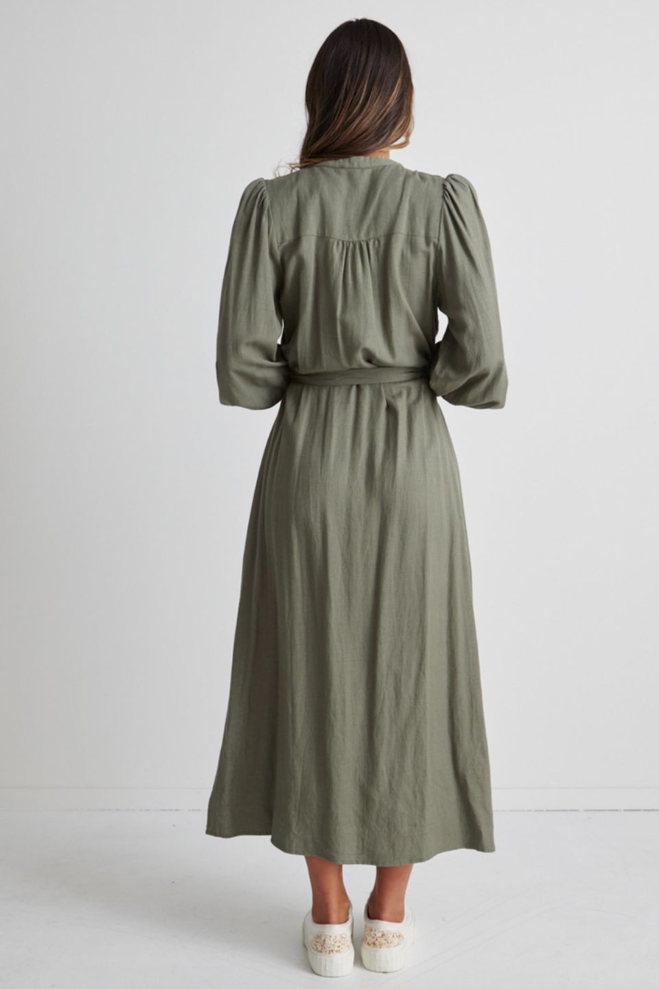 Guardian Soft Khaki Puff Sleeve Pintuck Midi Shirt Dress for Women | Casual Office Wear & Spring Summer Outfits | Comfortable Stretch Cotton Blend Dress
