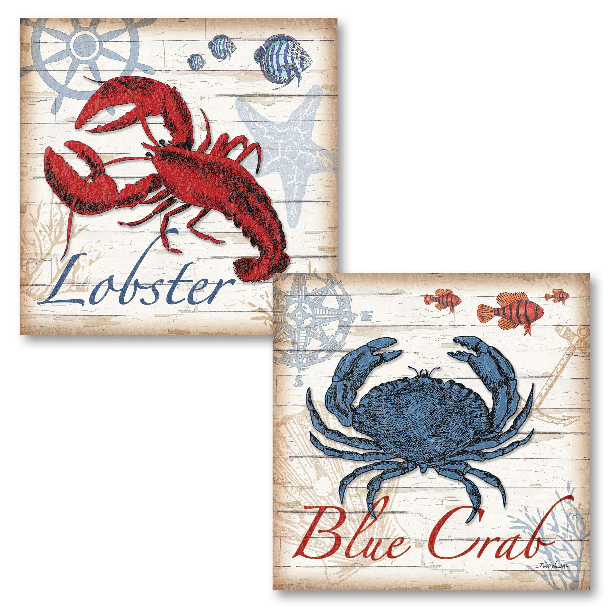 2 Nautical Blue Crab and Red Lobster Poster Prints - 12x12 Inch Coastal Wall Art Decor for Kitchen, Bathroom, or Beach House