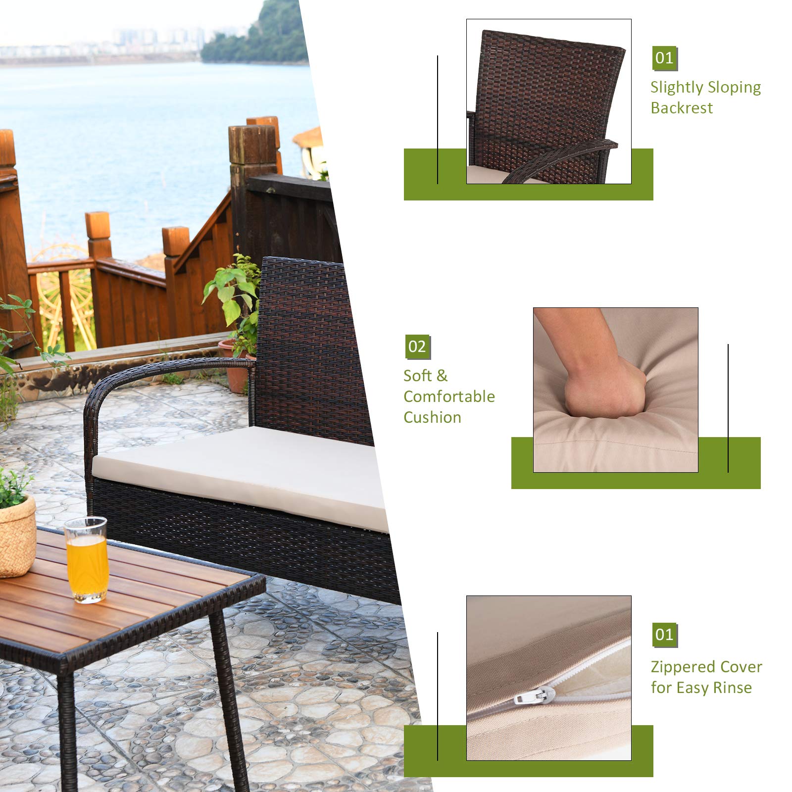 Tangkula 4-Piece Patio Rattan Furniture Set with Cushions & Acacia Wood Coffee Table - Outdoor Sectional Sofa Set for Garden, Backyard, Poolside - Weather-Resistant Brown Wicker Conversation Set (Perfect for Outdoor Entertaining, Relaxing & Lounging)