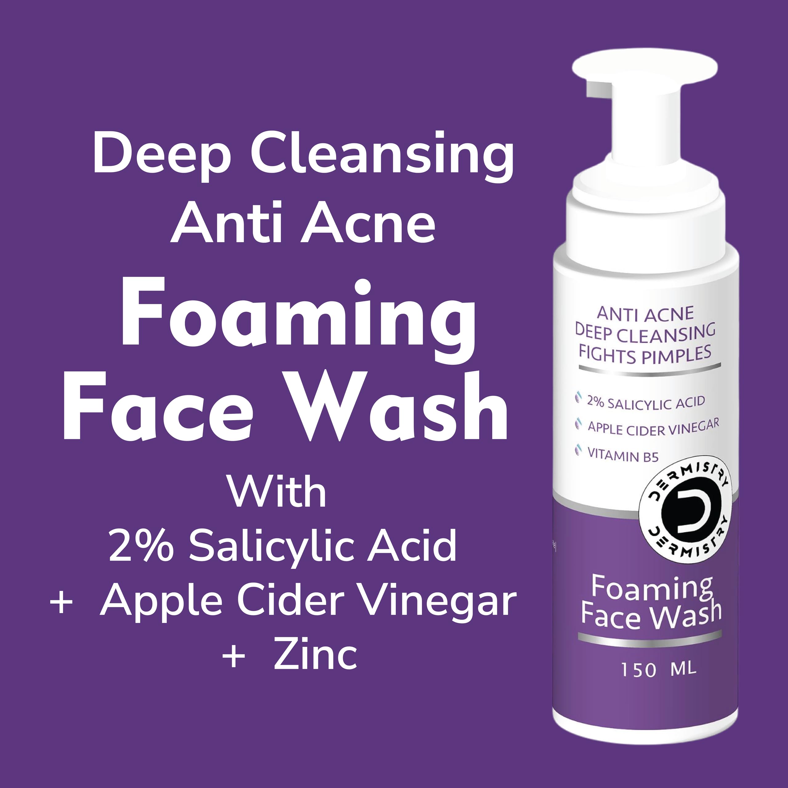 Dermistry 2% Salicylic Acid & Niacinamide Acne Face Wash - Oil Free Foaming Cleanser with Apple Cider Vinegar & Zinc - Exfoliates & Removes Excess Oil for Oily, Acne-Prone Skin - Men & Women - 150ml - Perfect for Daily Skincare Routine & Acne Treatment