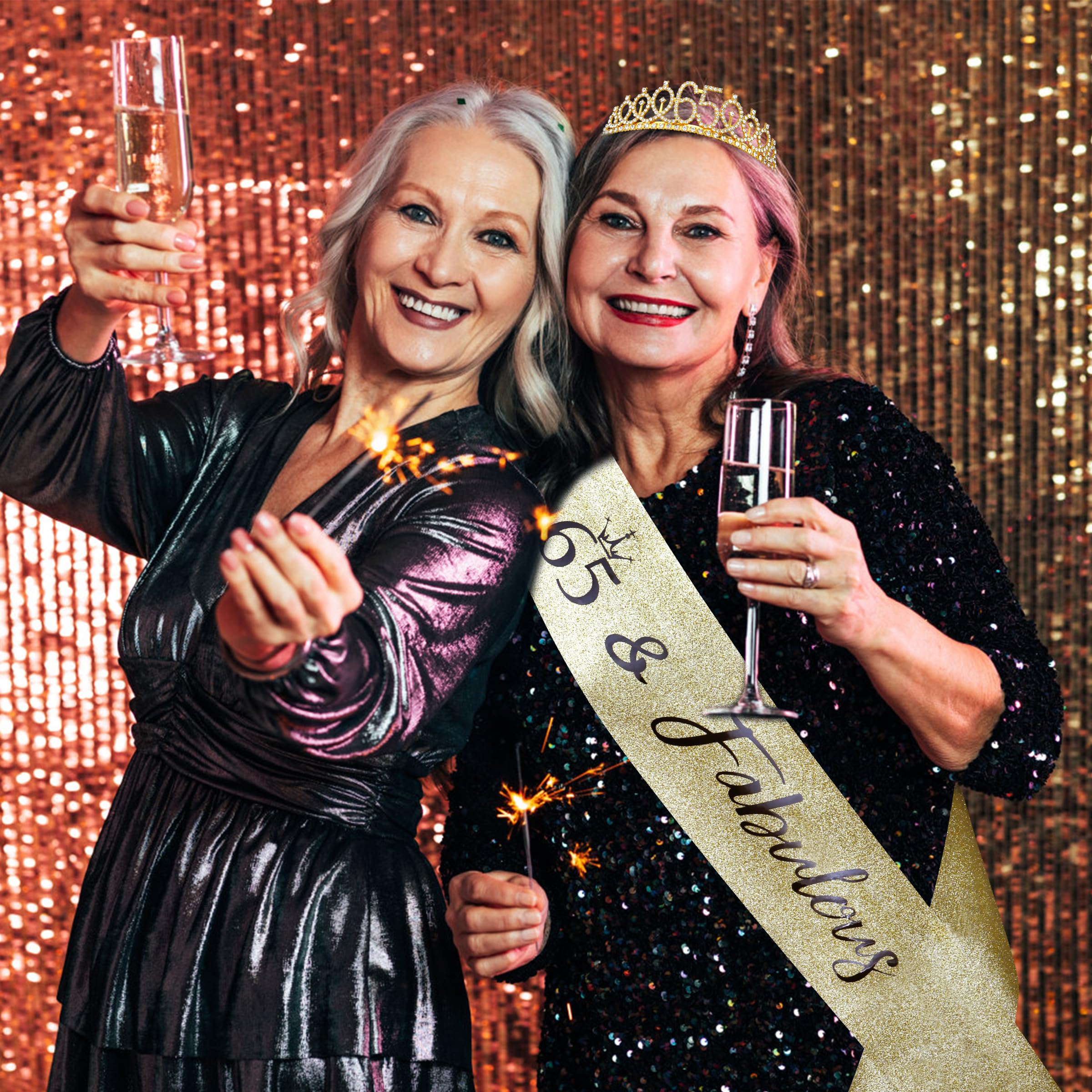65th Birthday Sash & Tiara Set - Gold Rhinestone Crown & 