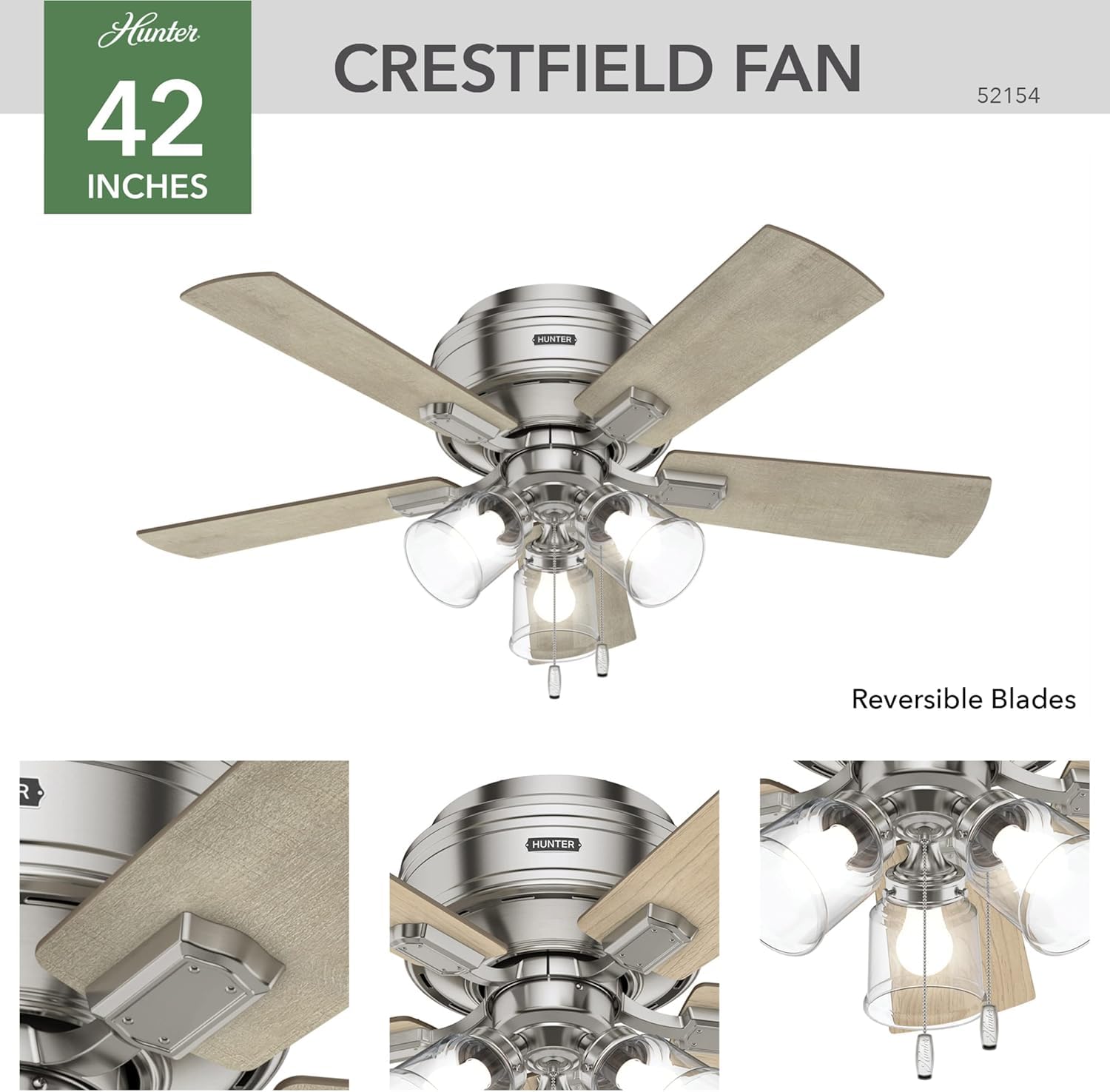 Hunter Fan Company 52154 42-Inch Crestfield Brushed Nickel Low Profile Ceiling Fan with LED Light Kit and Pull Chain - Perfect for Bedroom, Living Room, and Indoor Spaces
