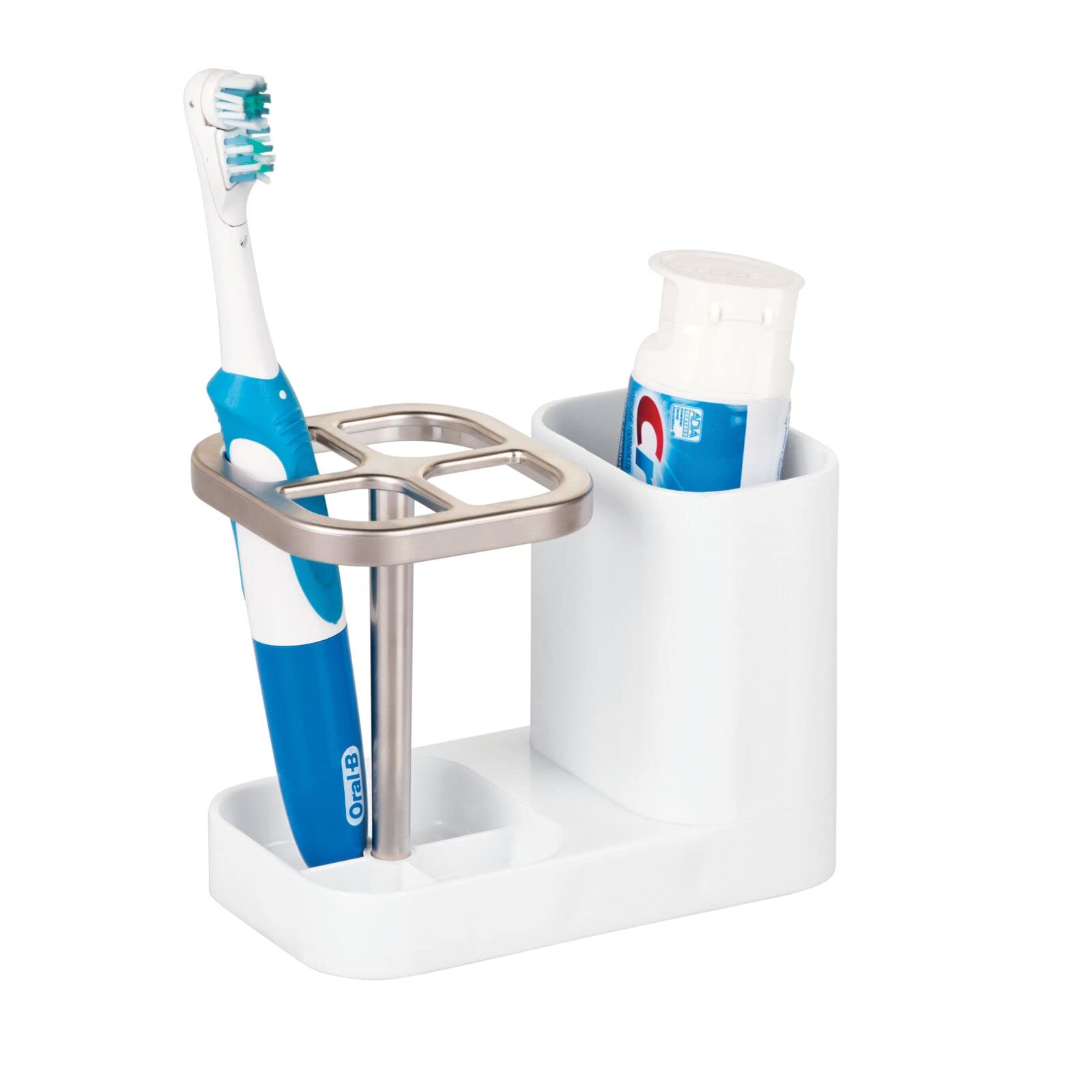 mDesign Plastic Toothbrush Holder Organizer with Cup - Bathroom Countertop Storage for Brushes, Toothpaste & Dental Accessories (White/Satin) - Perfect for Vanity, Sink & Small Space Organization