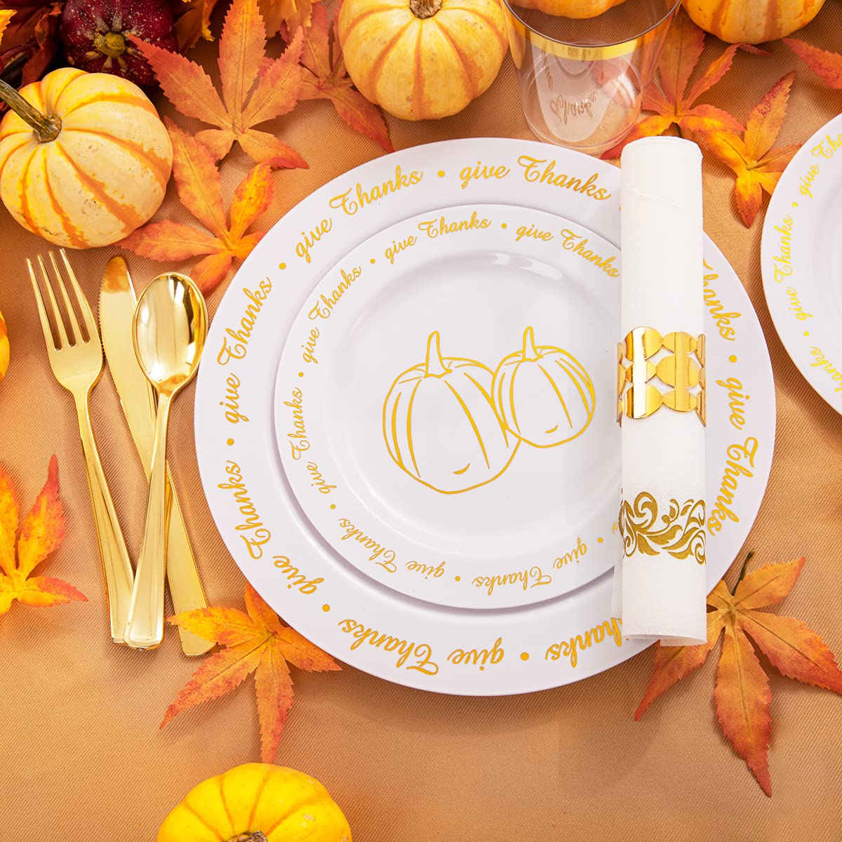 200-Piece Thanksgiving Dinnerware Set - Gold Plastic Plates, Silverware, Cups & Napkins for Fall Parties | Elegant Disposable Tableware for Thanksgiving Feast, Holiday Gatherings & Autumn Celebrations