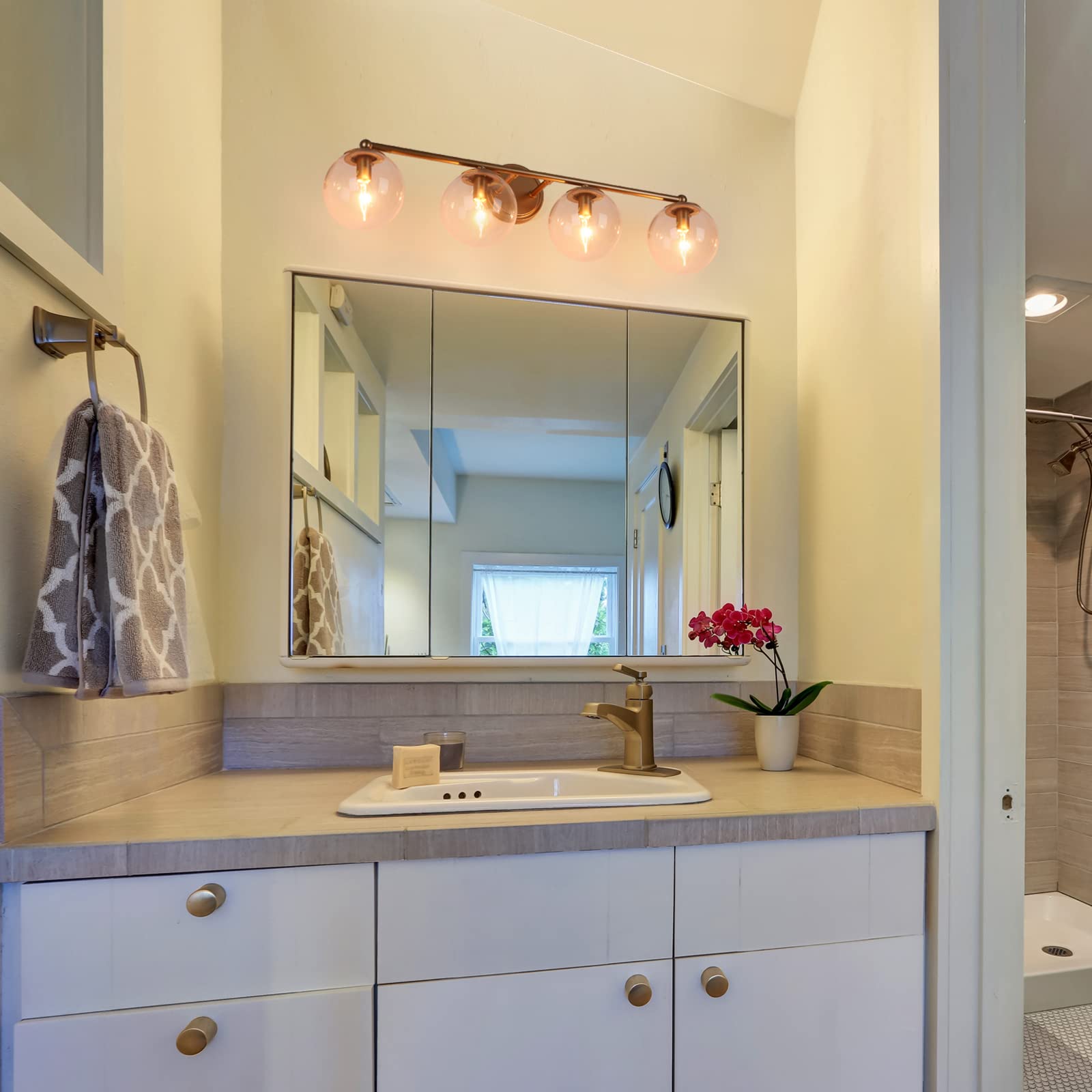 24K Gold Bathroom Light Fixtures - 4-Light Modern Vanity Lights with Clear Glass Shade for Bathroom, Hallway, Dressing Room - 29.5