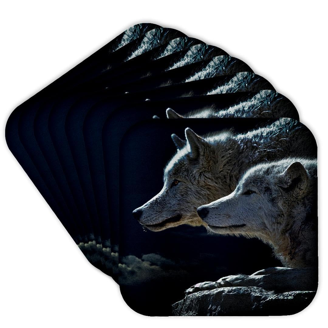 3D Rose Fantasy Wolves in Love Soft Coasters Set of 4 - Colorful Non-Slip Drink Coasters for Coffee Table, Bar, Home Decor - Perfect Gift for Wolf Lovers & Couples