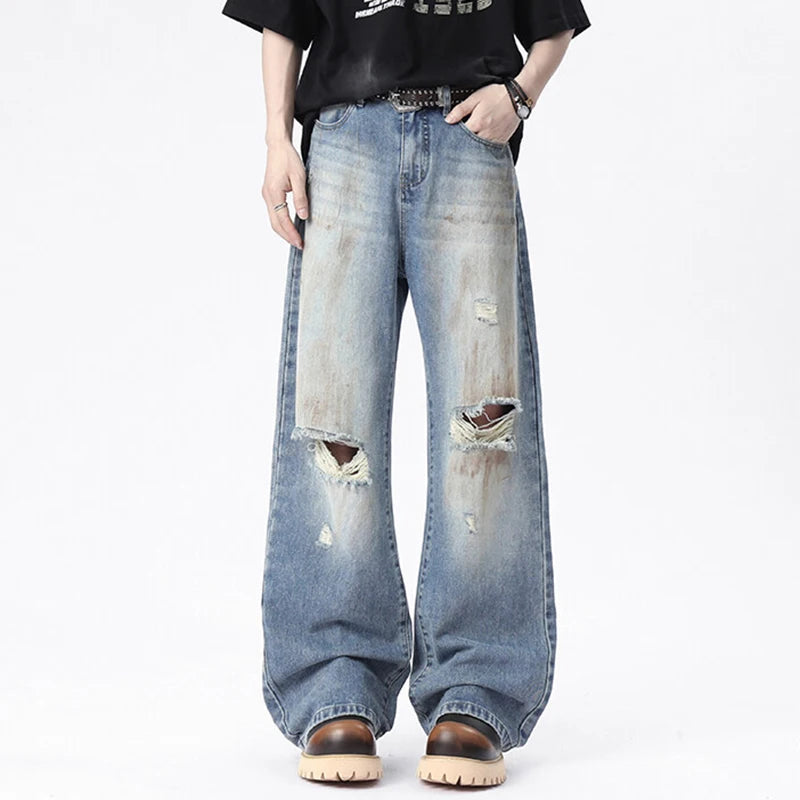 American Men's Distressed Denim Pants - High Street Fashion Straight Wide Leg Jeans with Hole Design (Style 9W1671) | Casual Wear, Street Style & Everyday Outfits