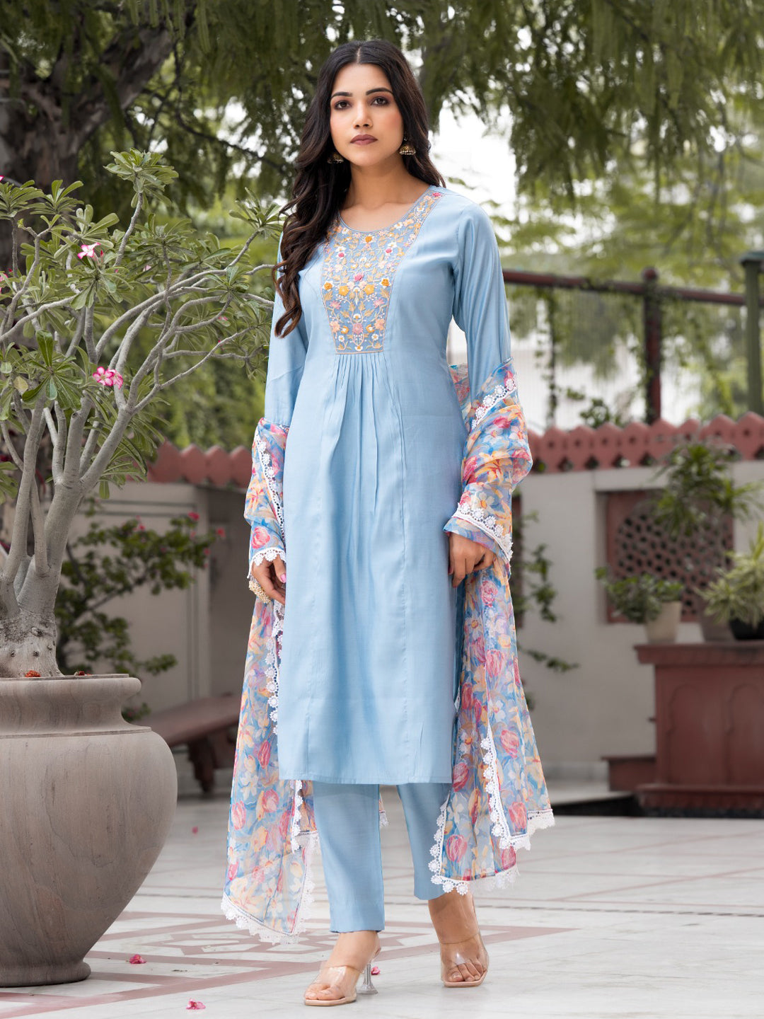Blue Designer Ready-Made Pant Suit with Embroidery Work - Elegant Women's Formal Wear for Office, Parties & Special Occasions
