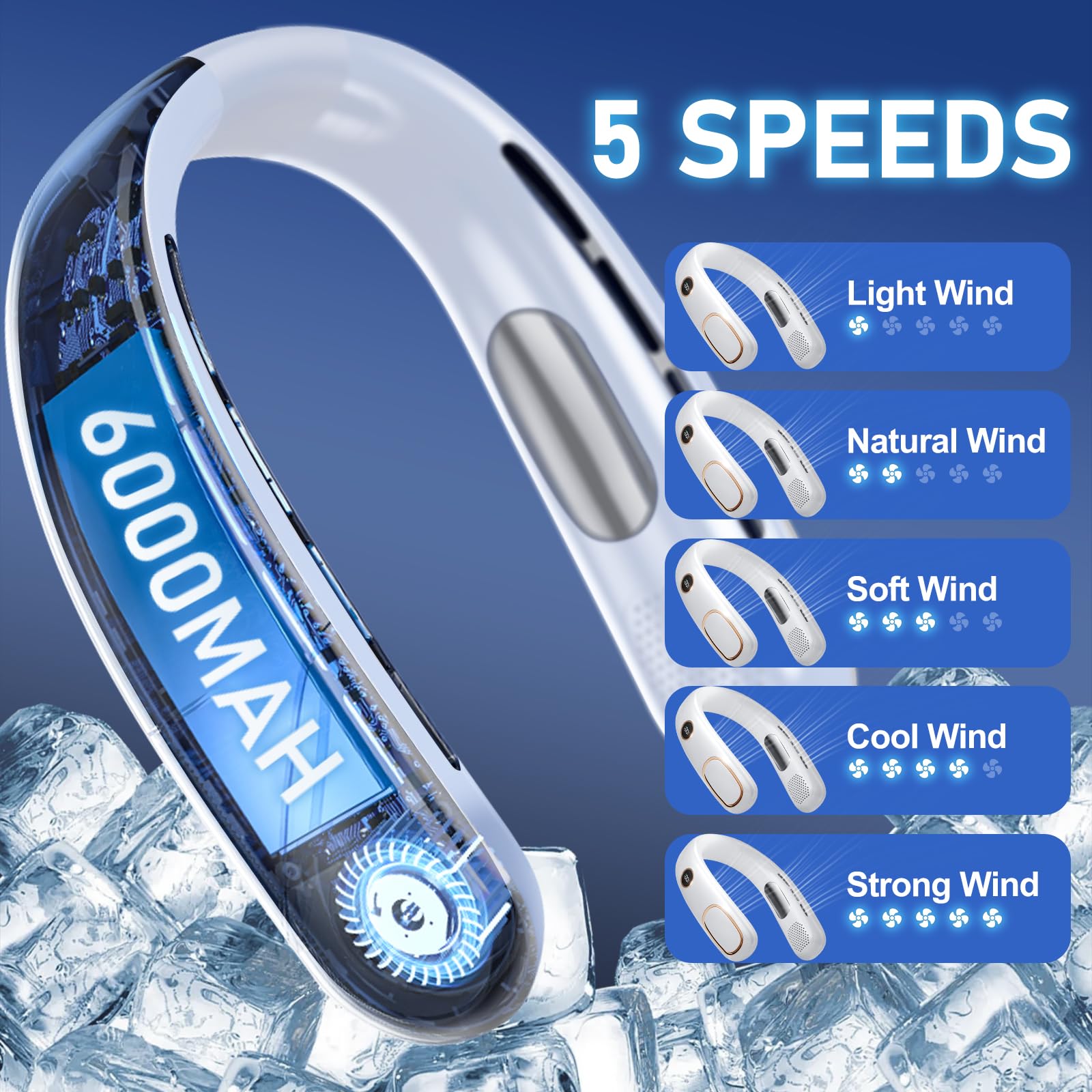 Portable Neck Fan - Hands-Free Bladeless Personal Cooler with 6000mAh Battery, Rechargeable Wearable Fan for Men & Women - Perfect for Travel, Office, Outdoor Sports & Summer Cooling