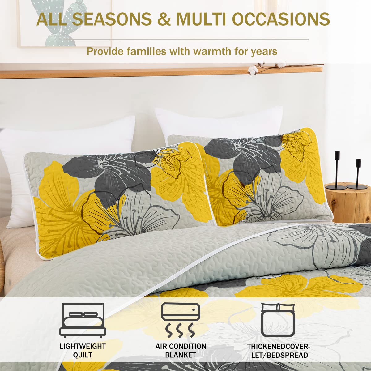 DJY 3-Piece Queen Size Yellow Floral Quilt Set - Elegant Boho Bedspread with 2 Pillow Shams | Soft Lightweight Microfiber Bedding for All Seasons (90