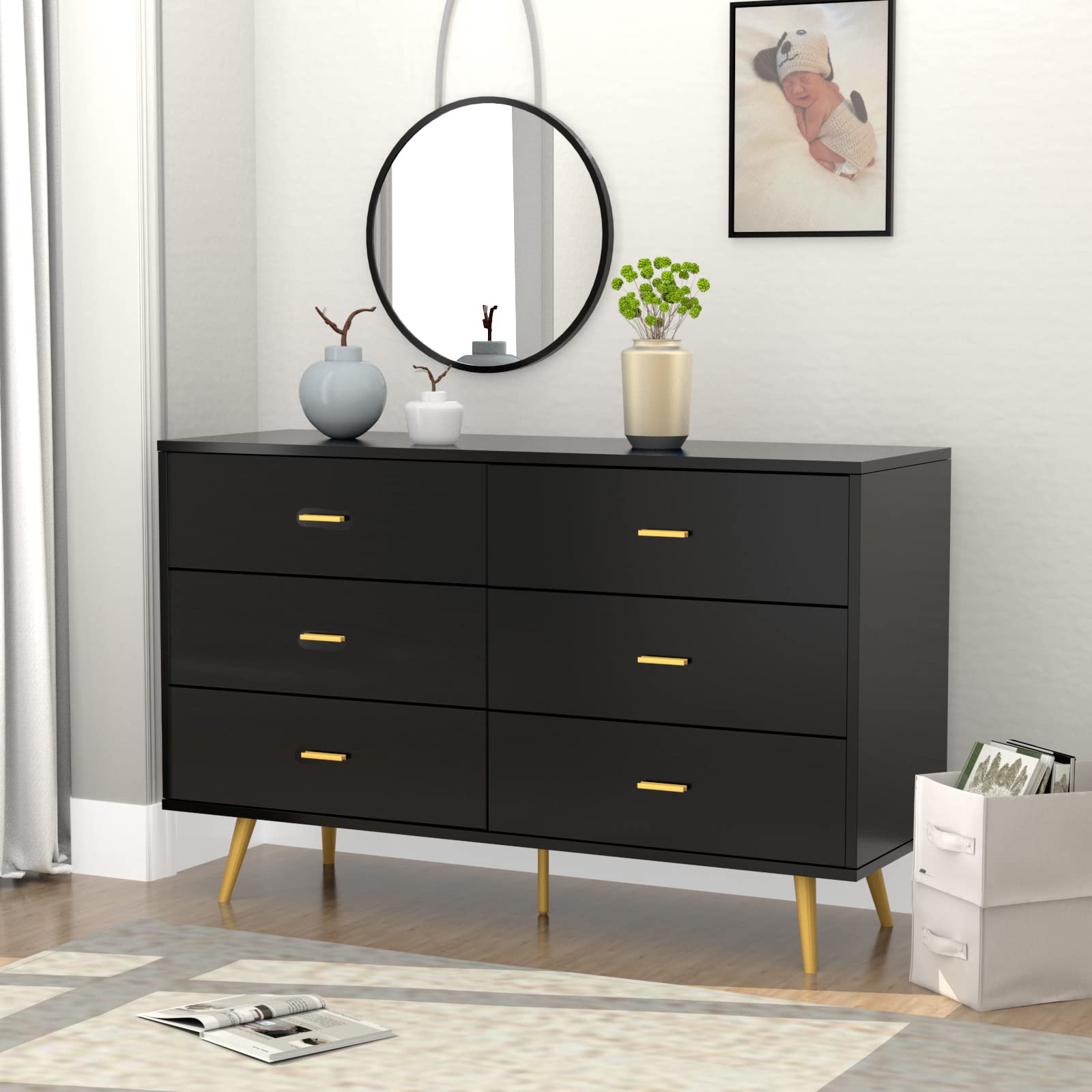Modern White and Gold 6-Drawer Dresser with Metal Handles - RESOM Black Dresser for Bedroom, Closet & Hallway Organization | Stylish Storage Solution for Clothes, Accessories & Home Decor