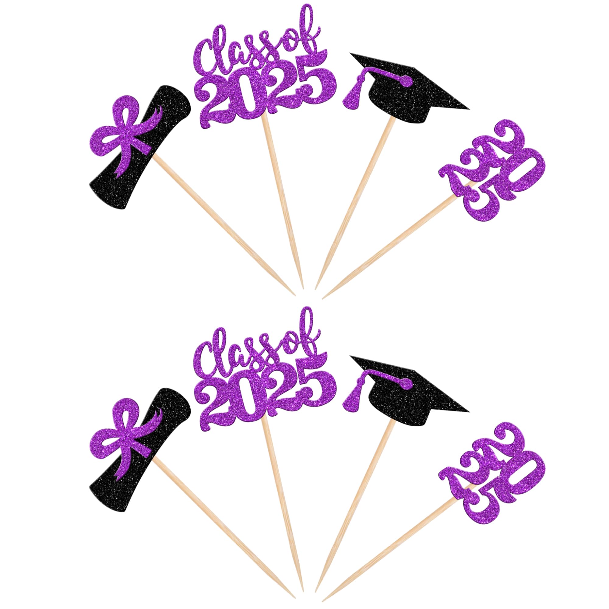 36 PCS 2025 Graduation Cupcake Toppers - Glitter Class of 2025 Diploma & Cap Cake Decorations - Purple Graduation Party Supplies for Graduation Cakes, Cupcakes & Desserts