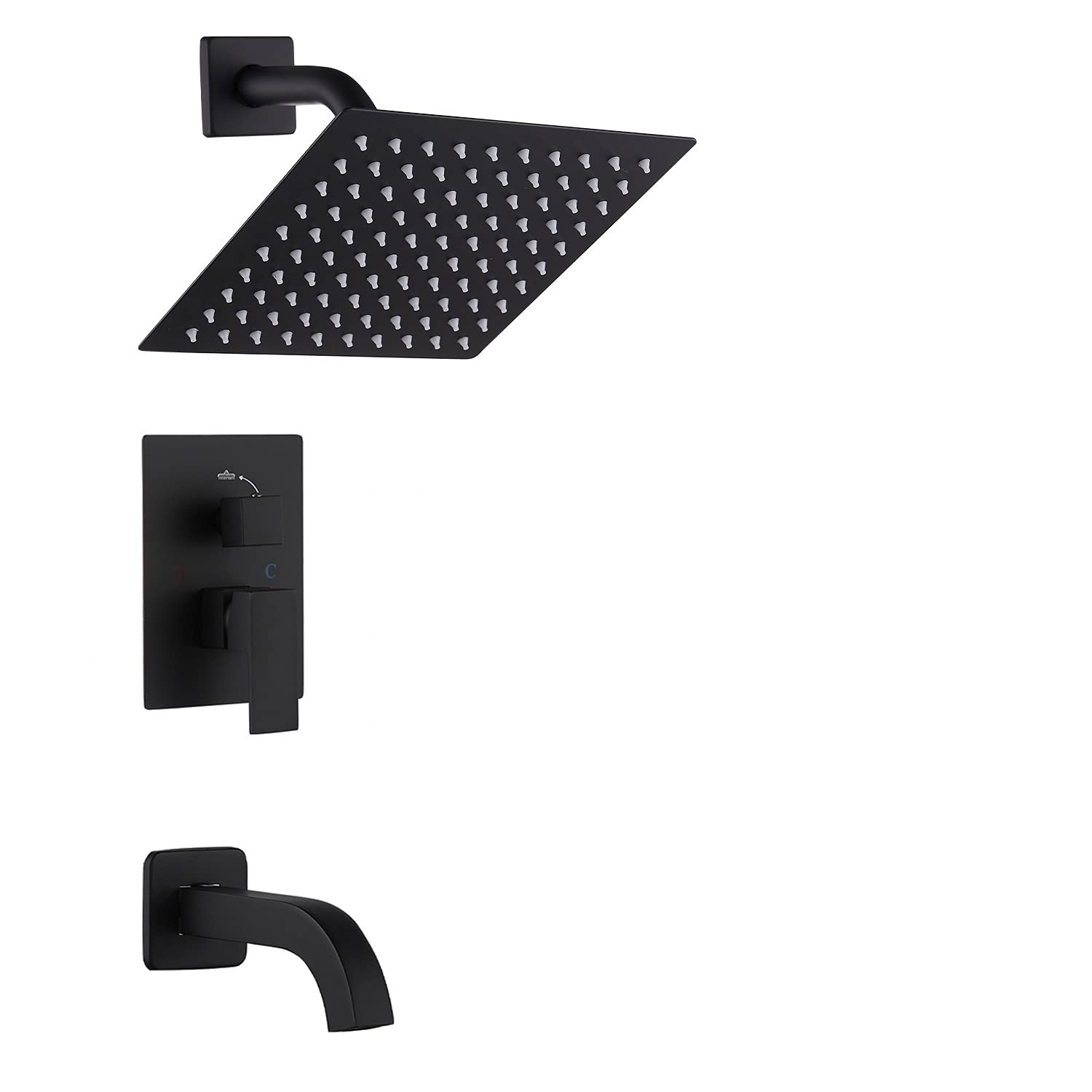 Luxury Matte Black Shower System - 8 Inch Square Rain Shower Head with Tub Spout, Wall Mounted Single Function Mixer Trim Kit & Rough-in Valve | Perfect for Modern Bathroom Renovation & Spa-Like Shower Experience
