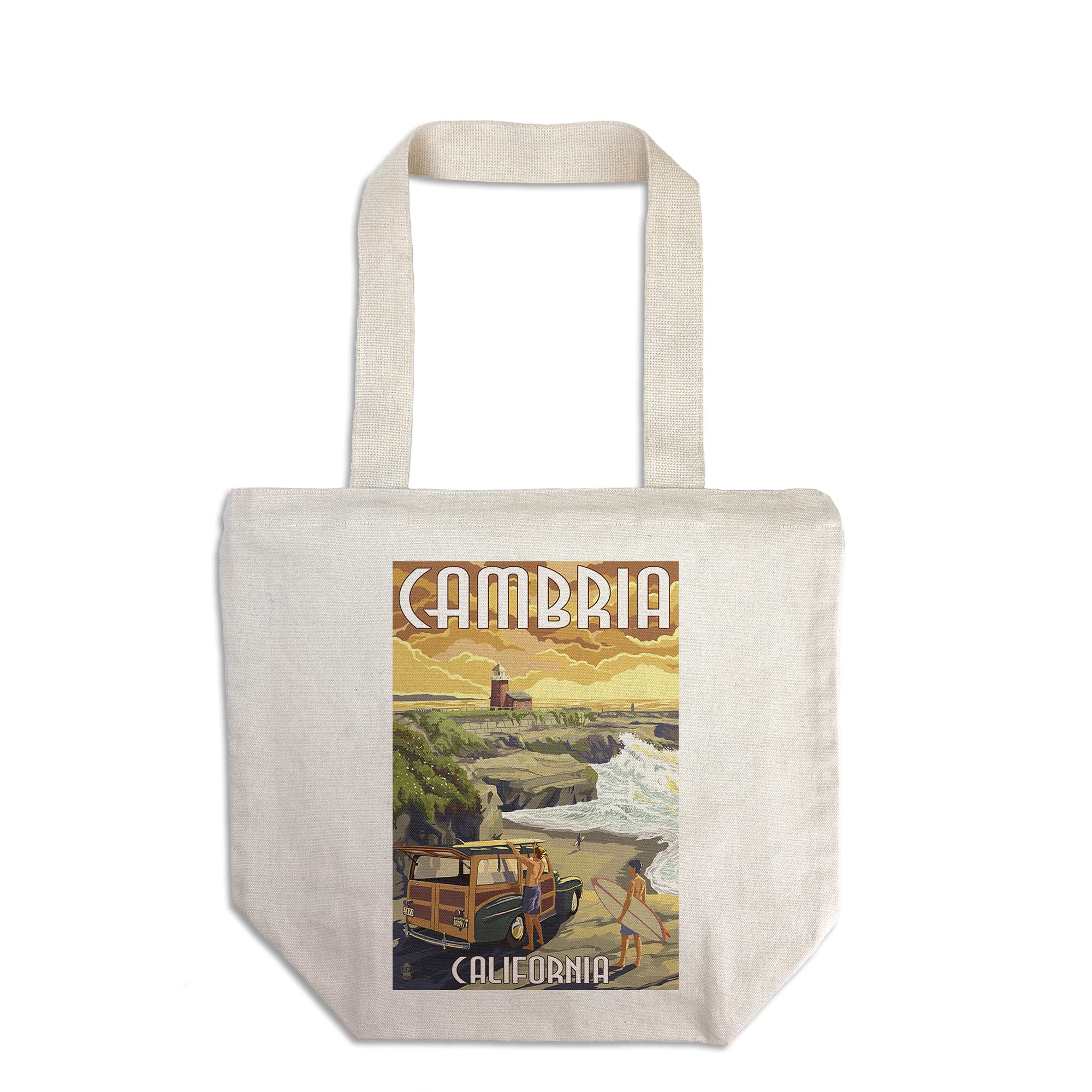 Lantern Press Cambria California Woody and Lighthouse 100% Cotton Canvas Reusable Tote Bag - Eco-Friendly Shopping, Beach Day & Grocery Essentials
