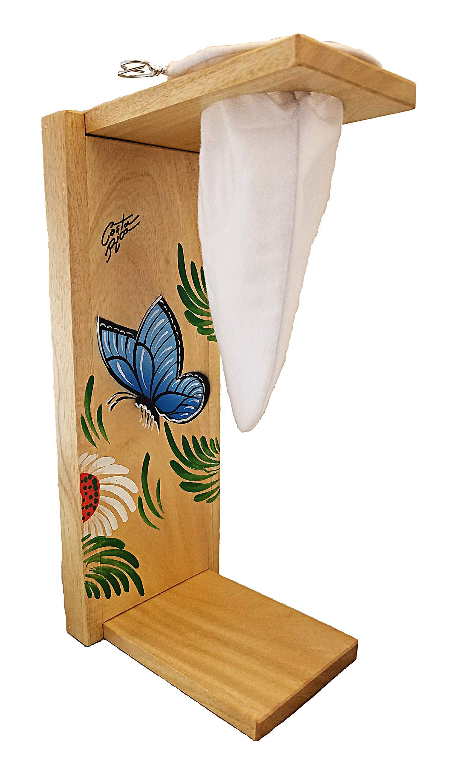 Handmade Portable Foldable Wooden Coffee Maker - Costa Rican Chorreador with Reusable Cloth Filter (Bolsa de Chorrear Cafe) | Blue Morpho Butterfly Design, Light Color, Gmelina Wood | Perfect for Home Brewing, Camping & Outdoor Use