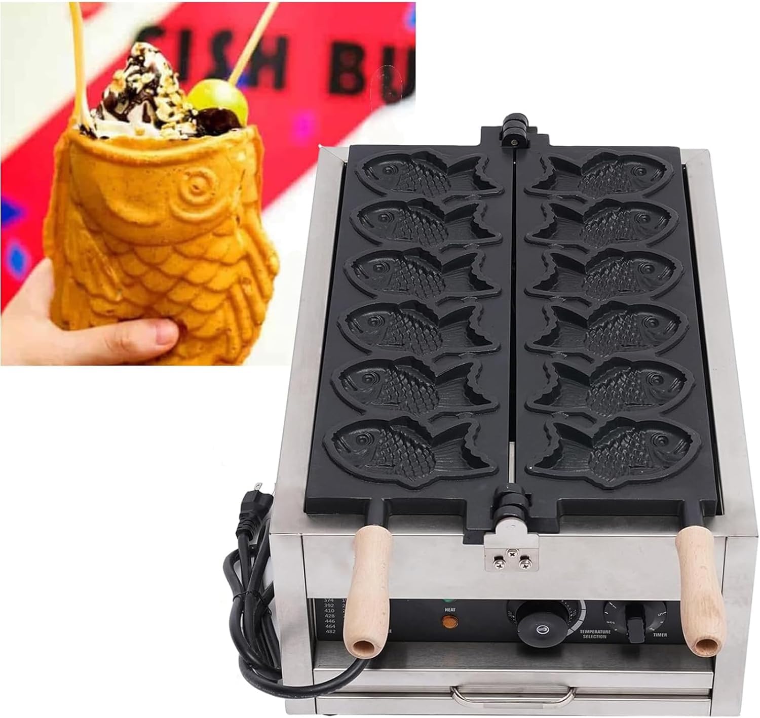 DYRABREST Commercial Electric Taiyaki Fish Waffle Maker Machine - 6 Non-Stick Stainless Steel Plates for Perfect Fish-Shaped Waffles - Ideal for Restaurants, Cafes, Snack Shops & Food Stalls - Make Delicious Street Food & Desserts at Home or Business