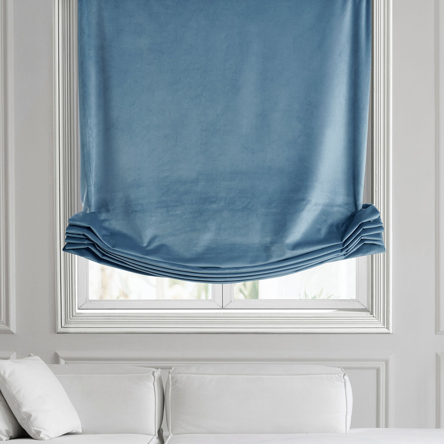Light Blue Heritage Plush Velvet Roman Shade - Elegant Window Treatment for Living Room & Bedroom