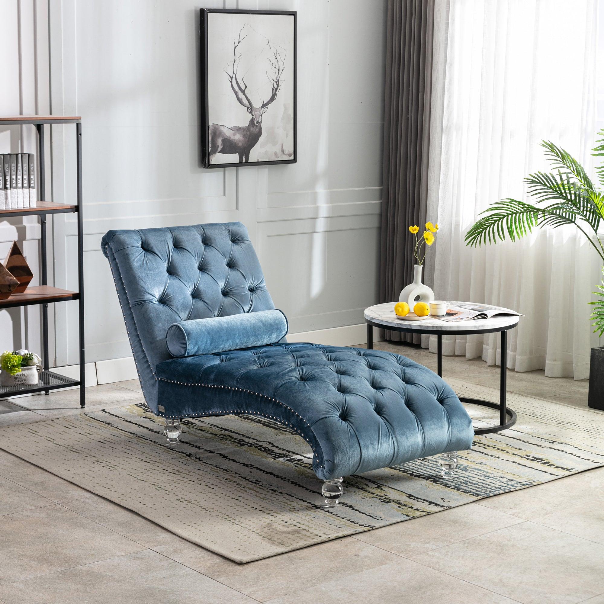 Luxury Velvet Chaise Lounge Chair - Button Tufted Upholstered Sofa with Pillow for Bedroom, Living Room & Office - Light Blue Velvet - Perfect for Relaxing, Reading & Home Decor