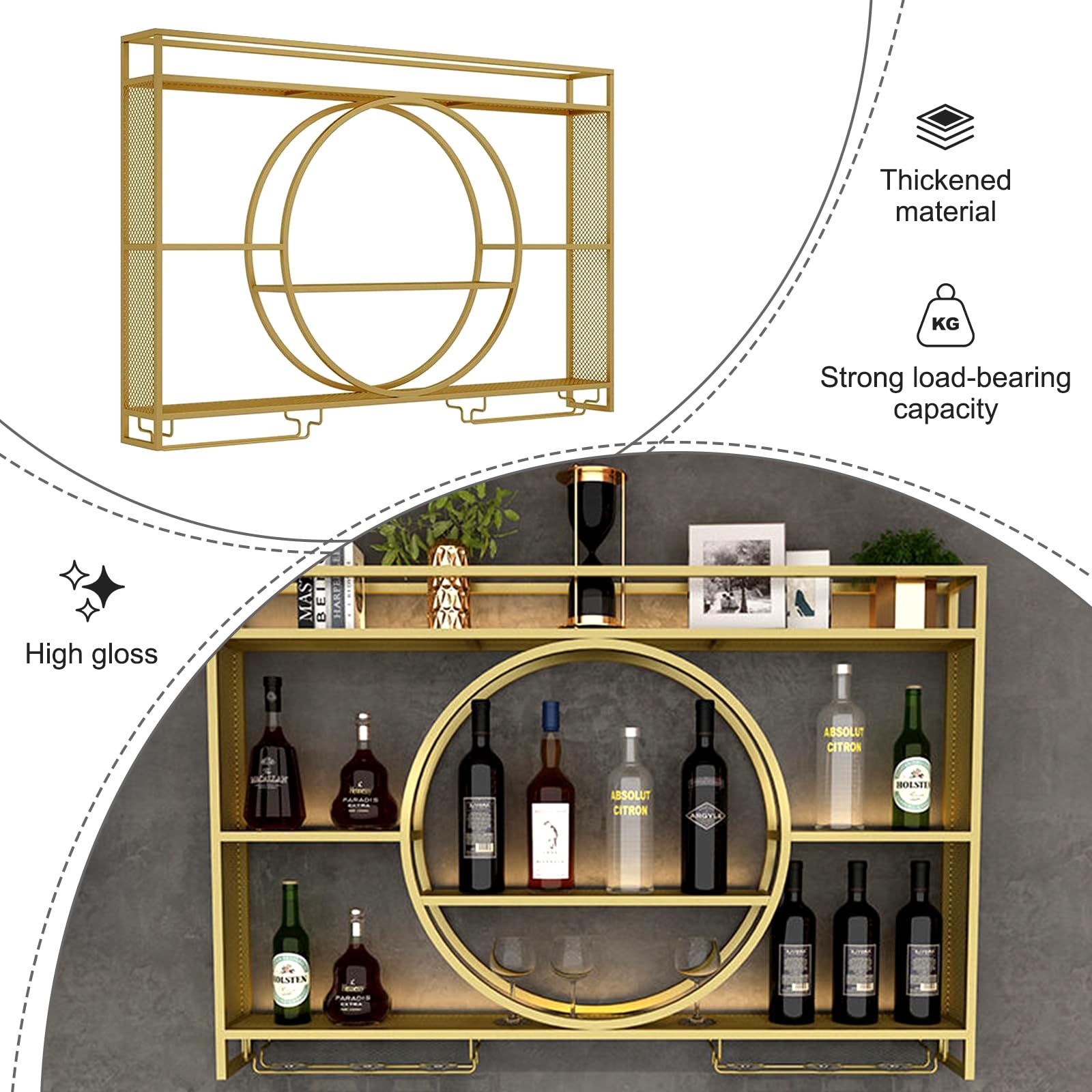 Wall Mounted Metal Wine Rack - Gold Floating Wine Bottle Holder for Bar, Home & Restaurant - 39.4