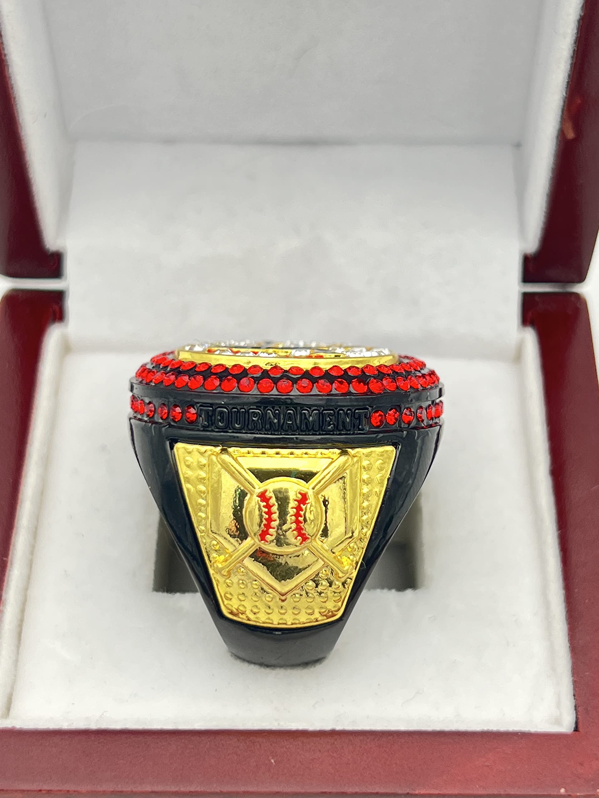 Discount Sports Rings - Deluxe Batter Ring BLACK CHAMPION with RED STONES | Premium Softball & Baseball Tournament Rings (Size 28-12) in Clear Gold Finish | Perfect for Championship Celebrations, Team Awards & Player Gifts