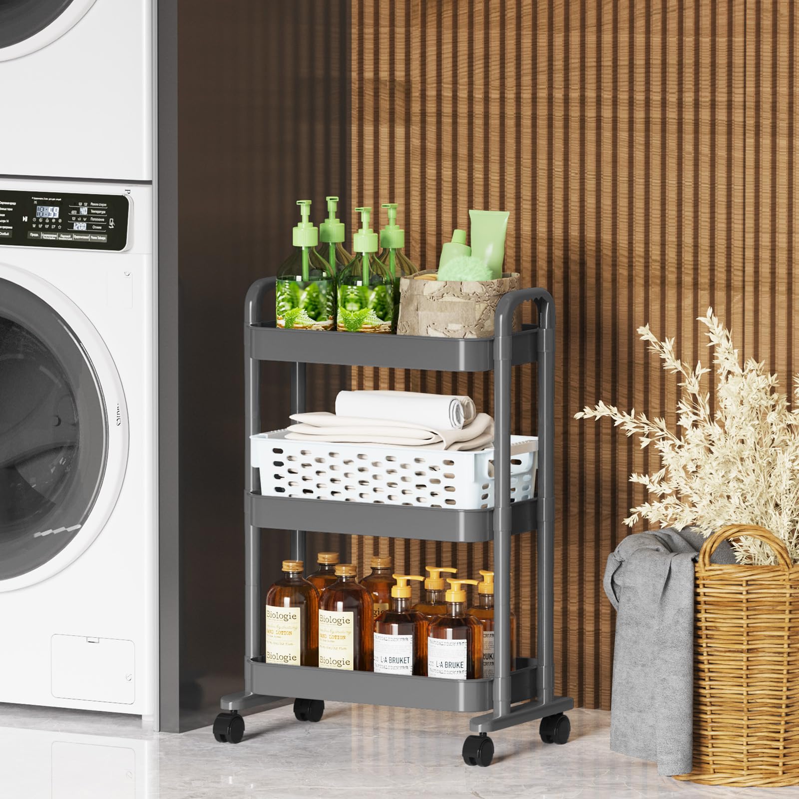 3-Tier Rolling Cart Organizer with Lockable Wheels - Multifunctional Kitchen Storage Cart, Mobile Utility Cart for Bathroom, Laundry & Living Room - Space-Saving Gray Shelving Unit | Perfect for Organizing Spices, Toiletries, Cleaning Supplies & Home Essentials