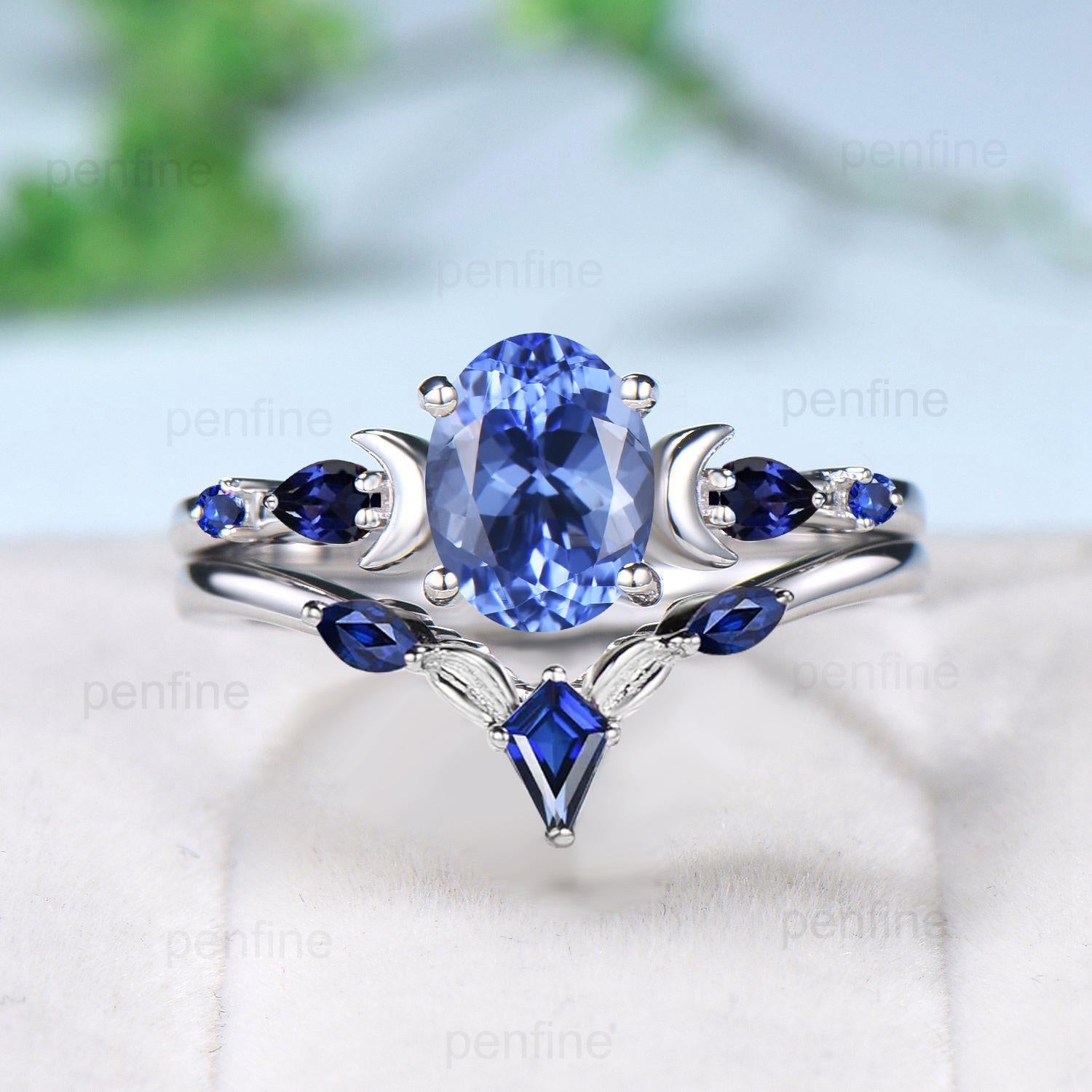 1.5 Carat Natural Oval Tanzanite Engagement Ring Set with 5 Stones in 14K White Gold & Sapphire Accents - Art Deco Bridal Wedding Ring Set for Women - Perfect for Proposals, Anniversaries & Special Occasions