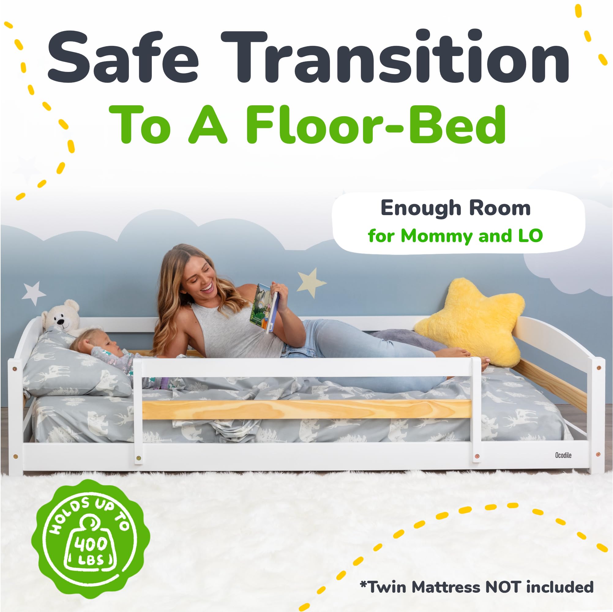 Montessori Twin Floor Bed with Safety Guardrails for Kids – Low Profile Wooden Bed Frame with 2 Openings for Boys & Girls, Easy Access & Safe Sleeping – Perfect for Toddler Rooms, Daycare & Montessori Classrooms (White)