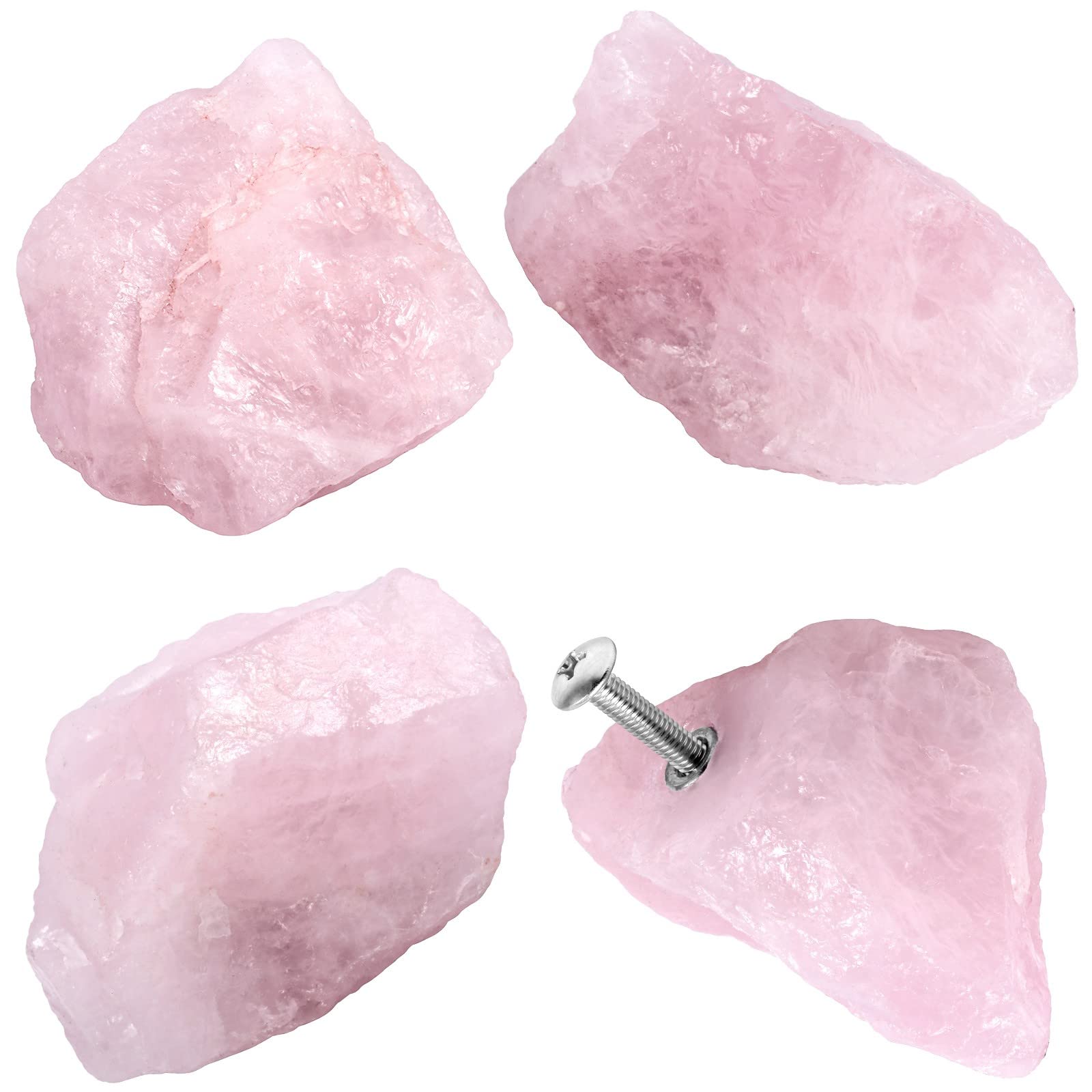 Amogeeli 2 Pack Natural Raw Rose Quartz Crystal Cabinet Knobs - Rough Stone Dresser Drawer Pull Handles with Screws for Bedroom, Bathroom & Closet Organization