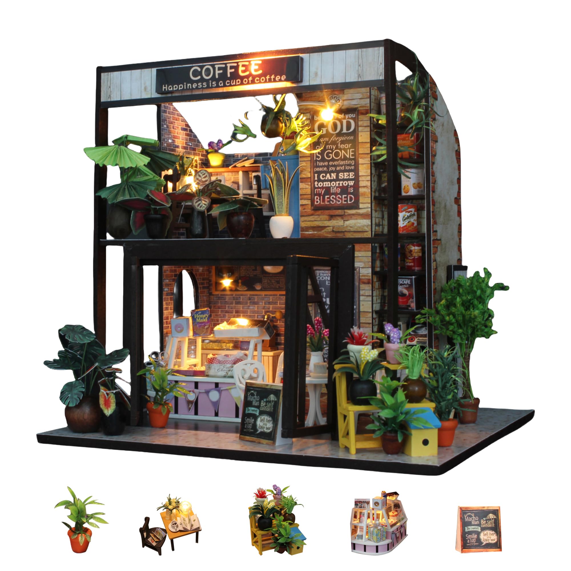 Flever DIY Miniature Dollhouse Kit - Creative Room with Tiny Furniture for Valentine's Day Gifts | Coffee Time Theme | Perfect for Home Decoration, Collectors & Romantic Surprises