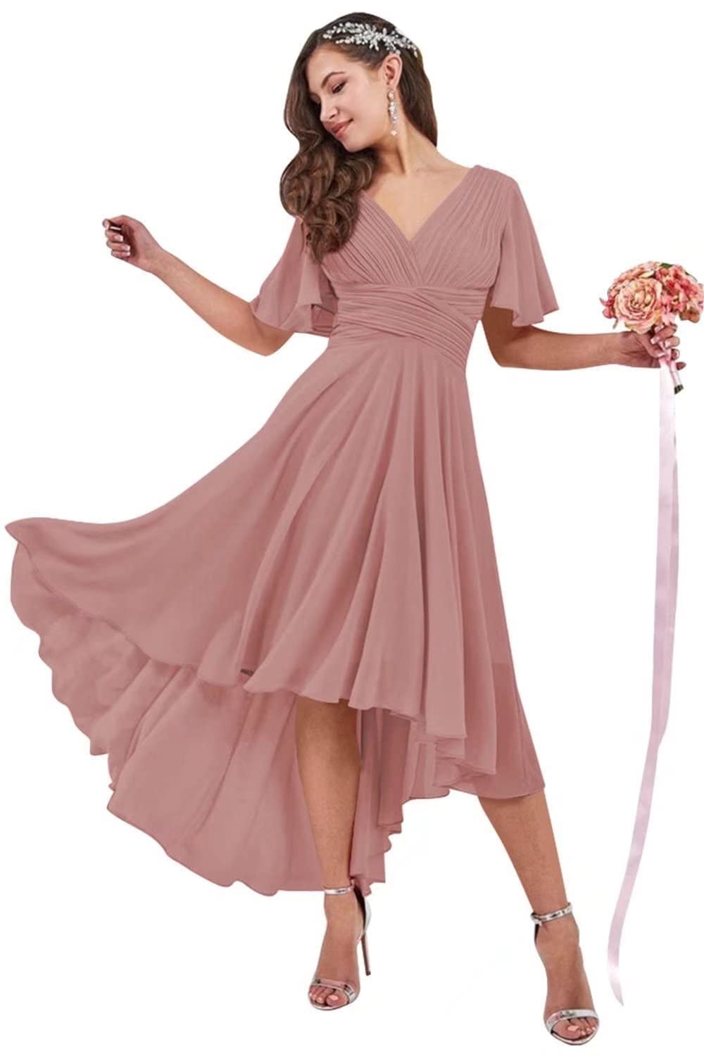 Elegant Chiffon Bridesmaid Dress with Flutter Sleeves & High-Low Hem - Perfect for Weddings, Prom, Evening Parties & Formal Events