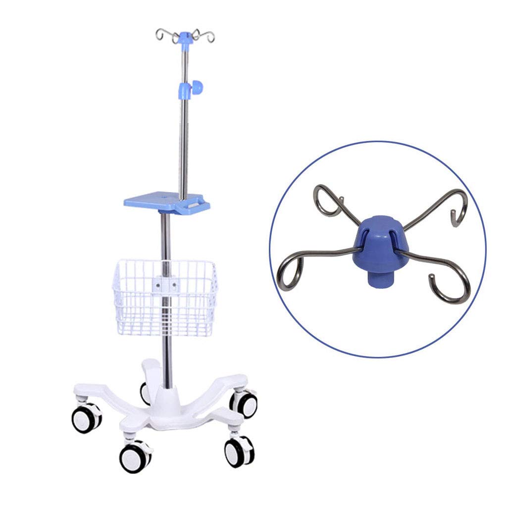 Portable IV Pole with Wheels - Adjustable IV Drip Stand with Tray & Cast Iron Base - 5 Brake Casters & Air Pressure Buffer (Basket/No Basket Options) - Ideal for Home Care, Hospitals & Medical Facilities