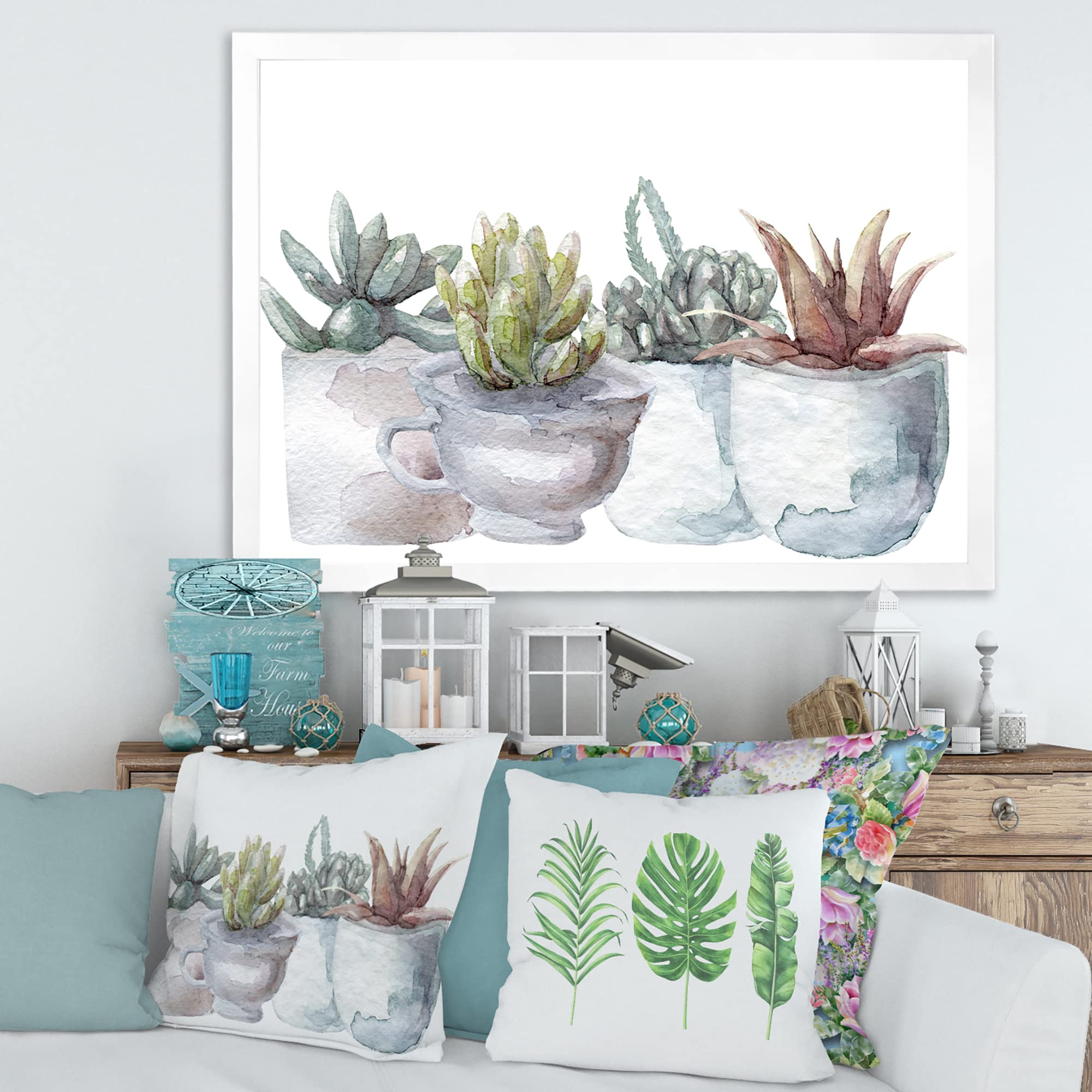 DesignQ Cactus and Succulent House Plants IV Farmhouse Framed Wall Art - Botanical Home Decor for Living Room, Bedroom & Office